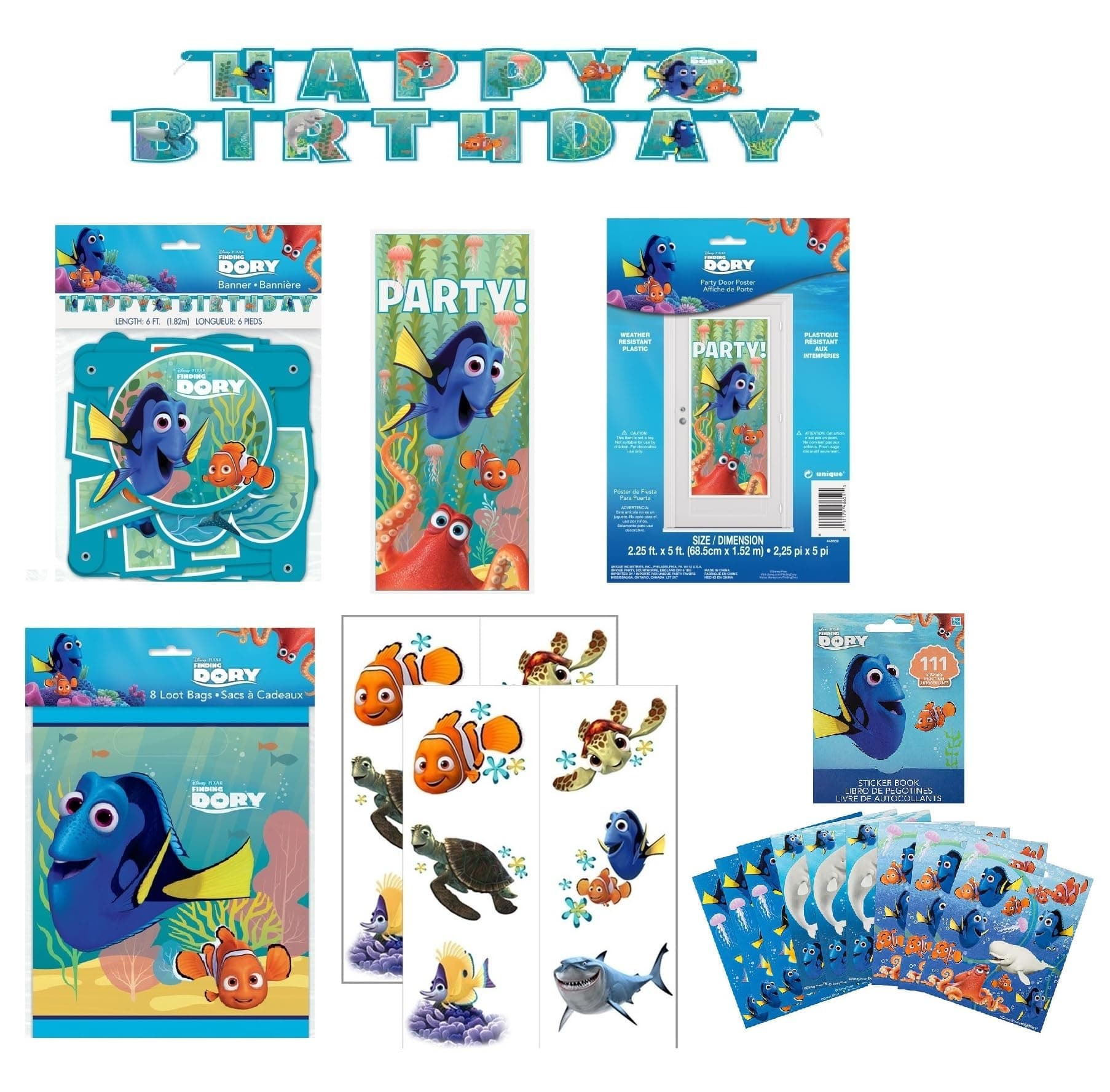 Finding Dory Nemo Birthday Party Supplies Decoration Favors Bundle includes Happy Birthday Banner, Door Poster, Loot Bags, Stickers, Tattoos