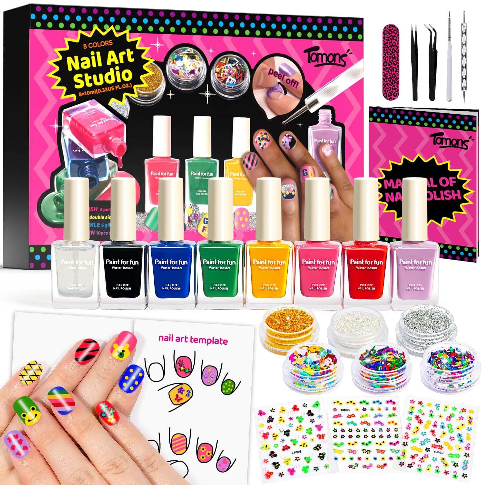 - Tomons Nail Polish Set Non Toxic Kids Nail Polish Kit for Kids Ages 7-12, Birthday Gifts for 6 7 8 9 10 11 12 Year Girl, Glitter, Sequins, Stickers, Nail Art Kit Tools- 8 Colors