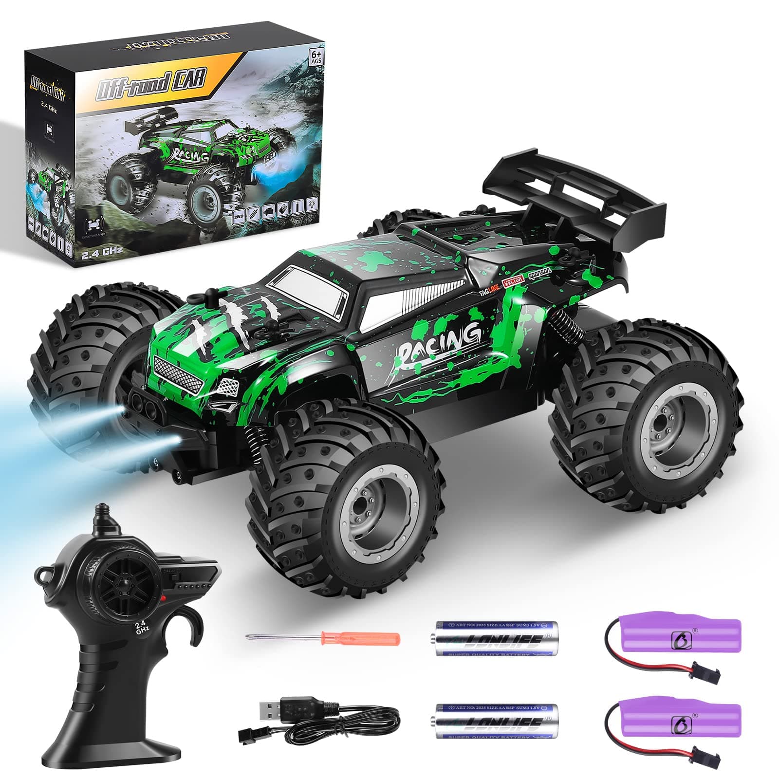 RC Cars,All Terrain Remote Control Car,2WD 2.4 GHz Off Road High Speed 20 Km/h RC Monster Truck Racing Cars with LED Headlight and Two Batteries, Xmas Toys for Kid and Adults