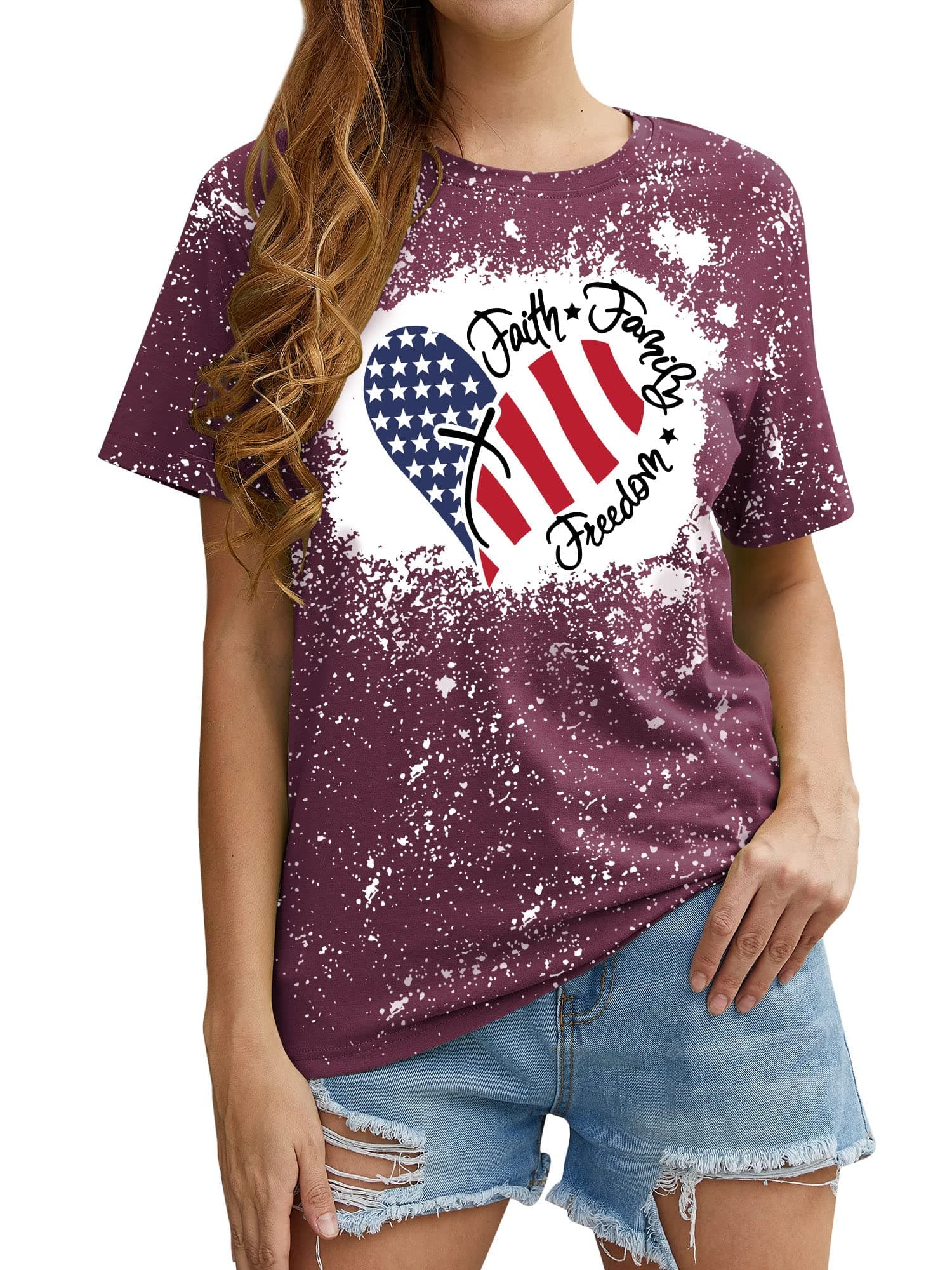 SiLing 4th of July Shirt Women Faith Family Freedom Letter Print American Flag Graphic T-Shirt
