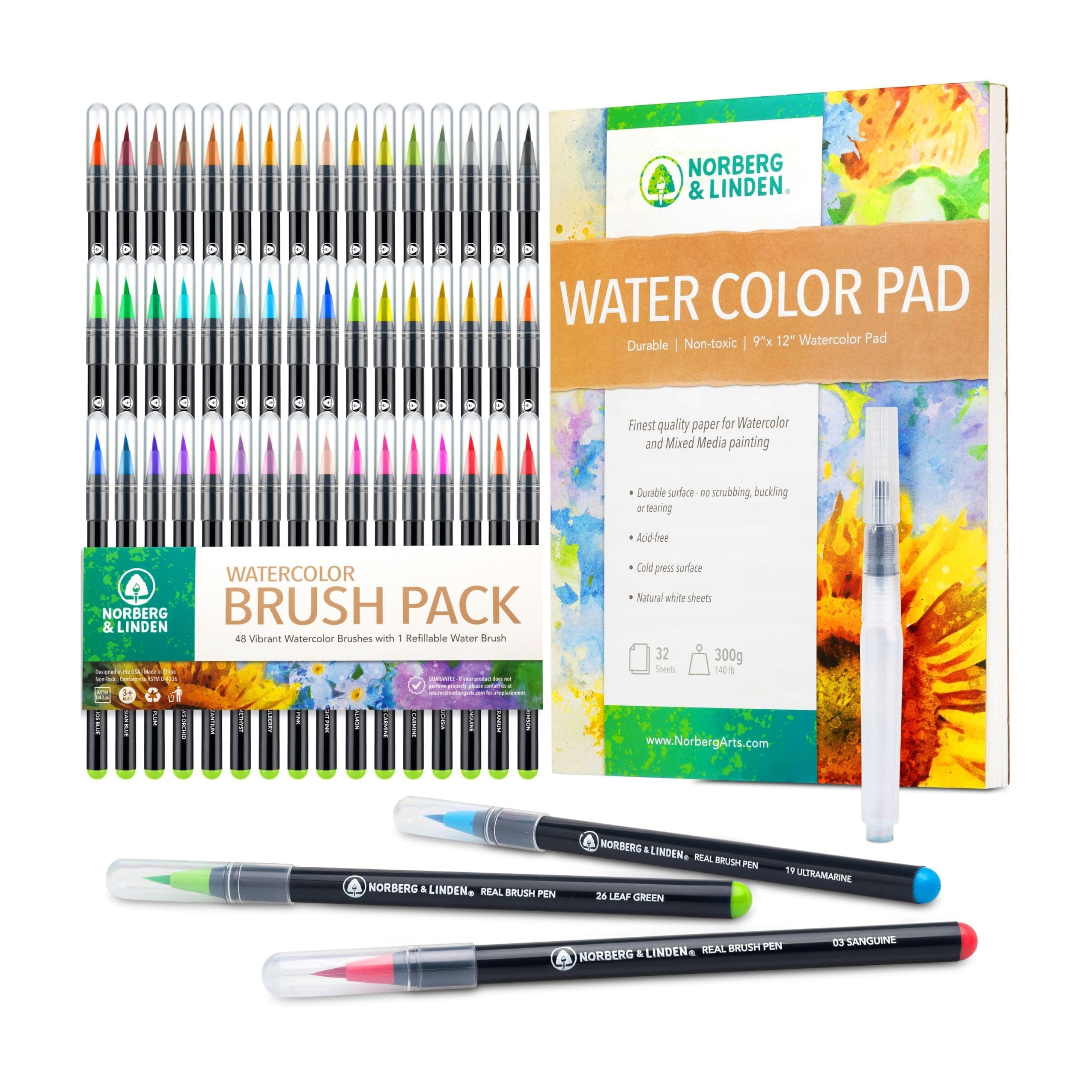 Norberg & Linden Real Waterbrush Set - 48 Watercolor Paint Markers, 1 Refillable Water Brush, Painting Pad - Nylon Tips for Drawing & Calligraphy - Coloring Pens for Professional & Beginner Artists