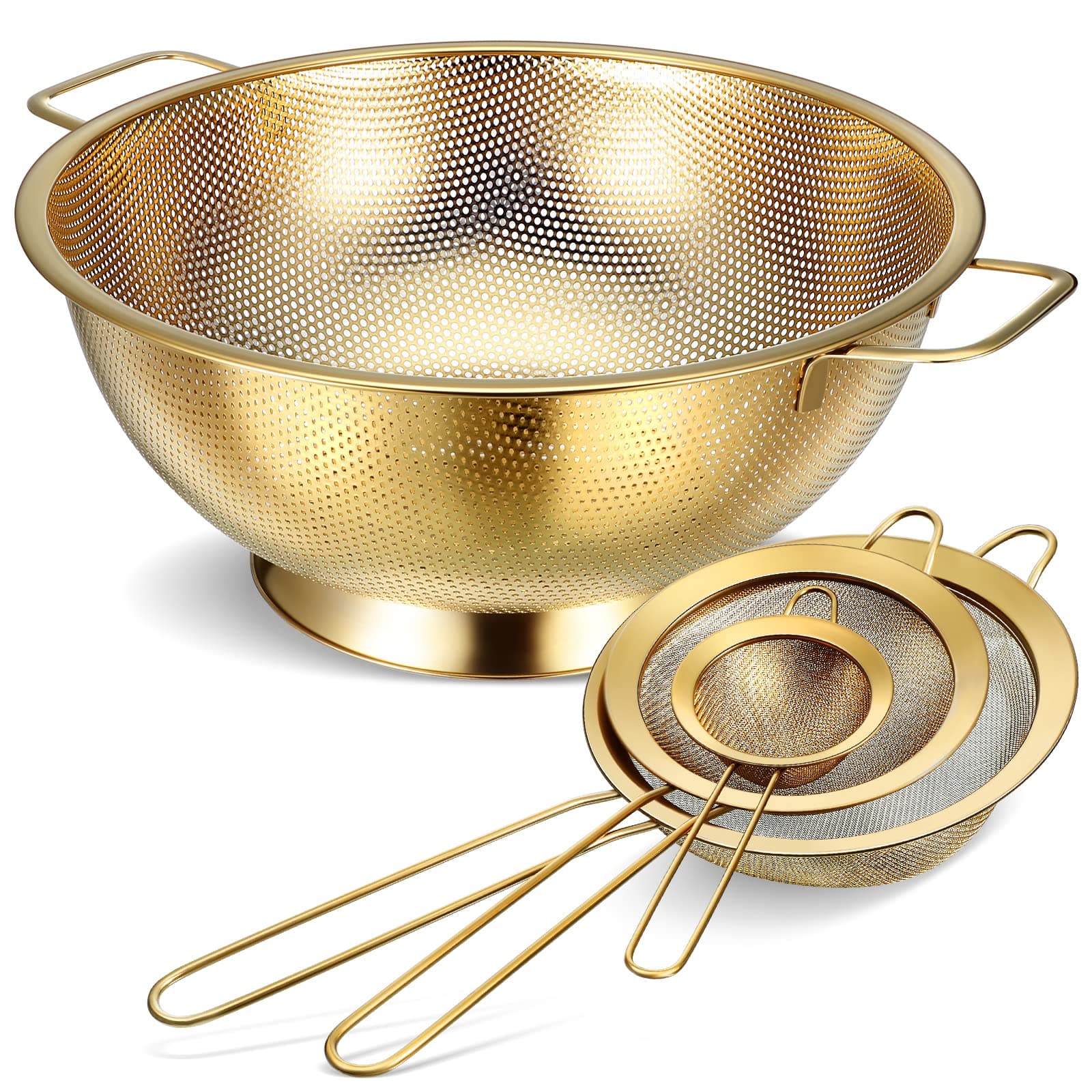 Norme 5 Quart Stainless Steel Gold Colander and 3 Pcs Gold Fine Mesh Strainer, Stainless Steel Pasta Rice Food Metal Strainer with Handles, Easy Clean and Dishwasher Safe
