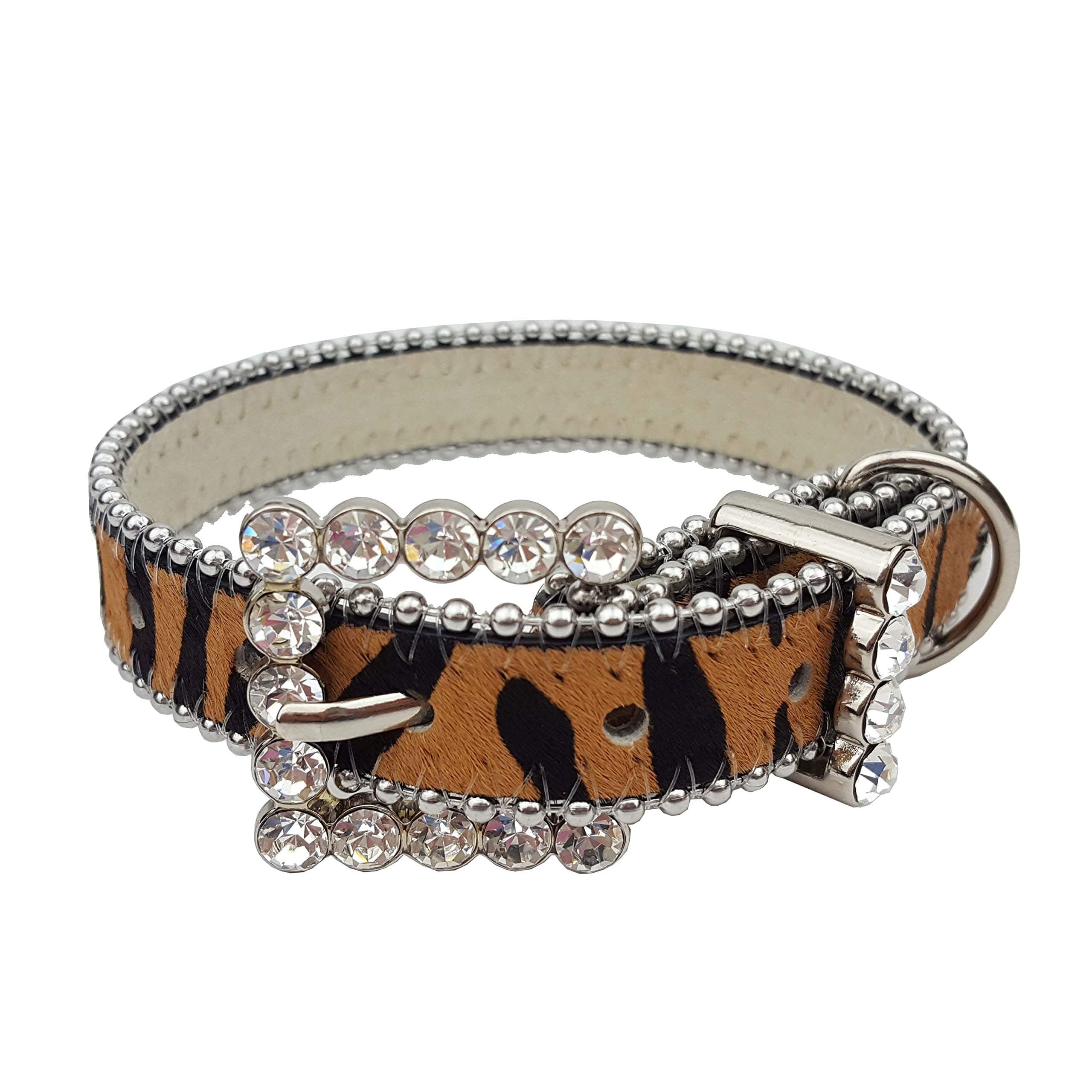Luxury Crystal Dog Collar with Cow Hair Leather Tiger S
