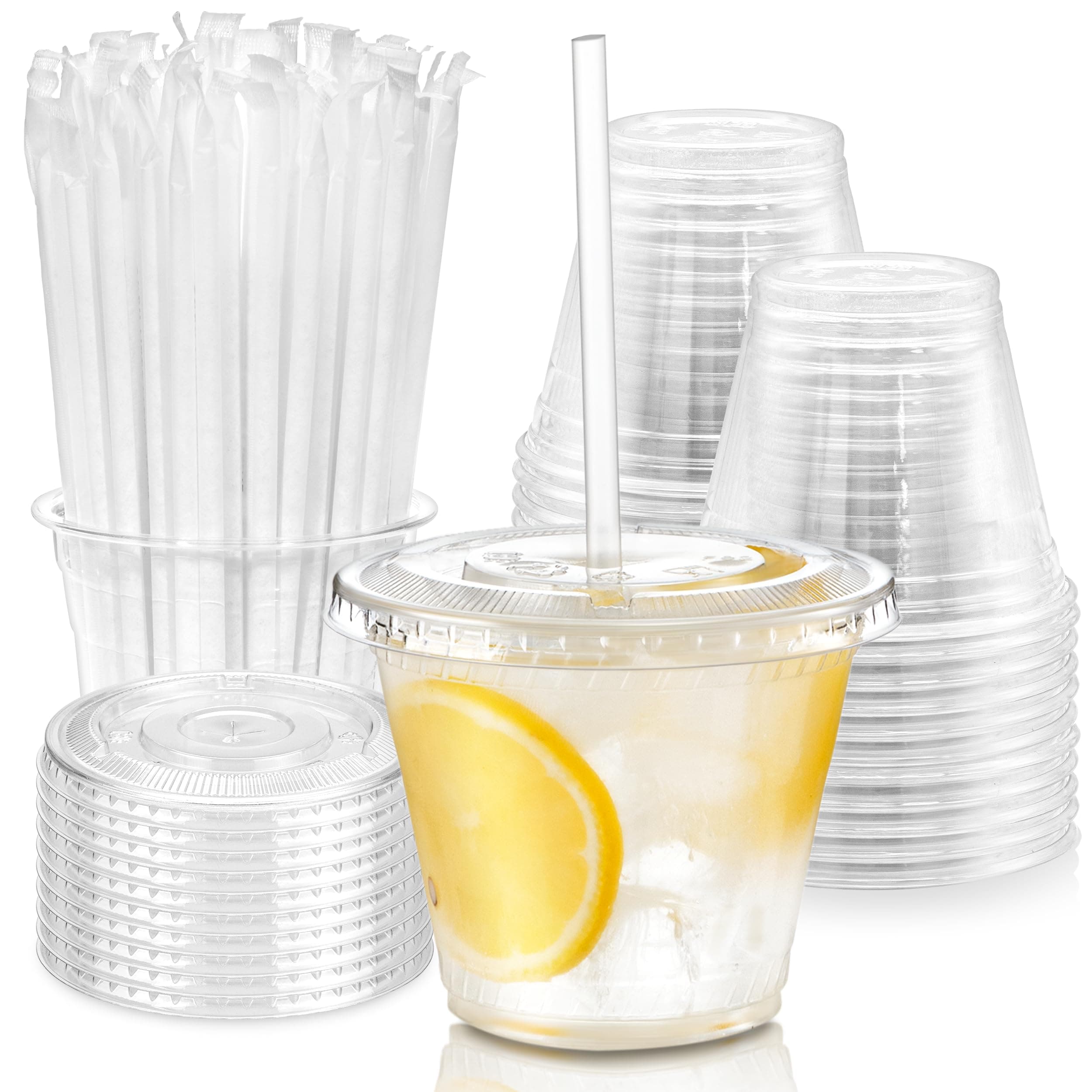 100 Pack 9 oz Plastic Iced Coffee Cups with Flat Lids and Clear Straws, Disposable Clear Cup, BPA Free Cup for Party, Smoothie, Cold Drinks, Juice, Milkshake, Bubble Boba, Tea