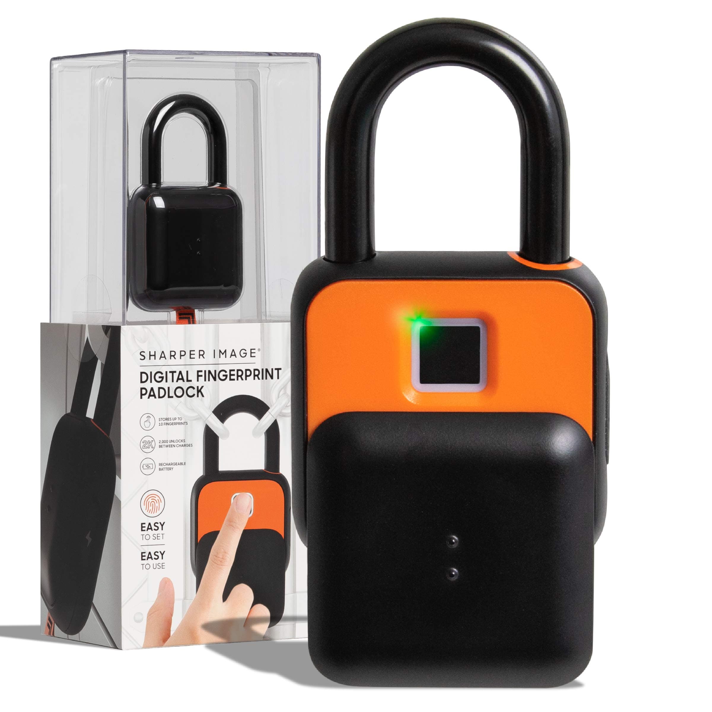 SHARPER IMAGE Fingerscan Digital Padlock, Biometric Keyless Code-Free Smart Lock, Rechargeable and IP66 Waterproof, Portable Security for Locker, Bike, Door, Gate, Home, Securely Unlock w/ Thumbprint