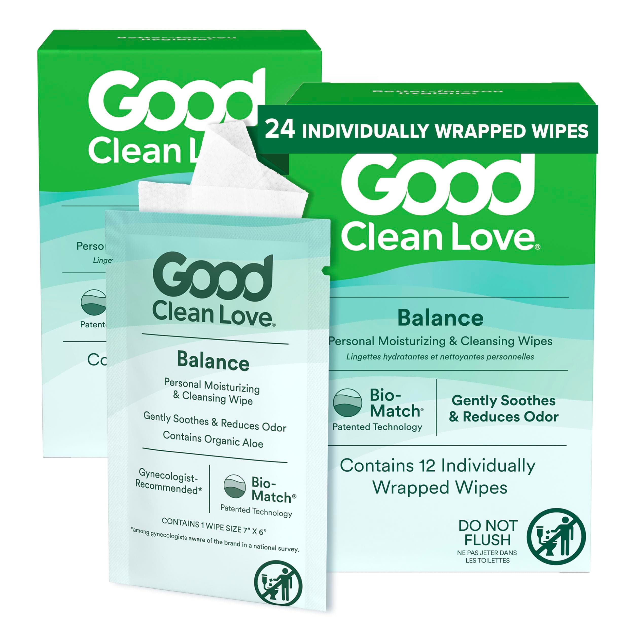 - Good Clean Love Balance pH-Balanced Feminine Wipes, Supports Vaginal Health Naturally & Reduces Odor, Non-Irritating Moisturizing & Cleansing Hygiene Product Made with Organic Aloe, (24 Count)