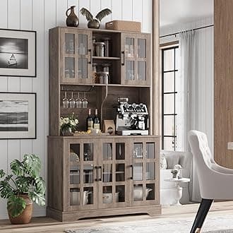 Keyluv Kitchen Pantry Storage Cabinet 71" Tall Freestanding Pantry Cabinet, Farmhouse Glass Door Buffet with Oven Countertop, Large Wood Hutch for Kitchen, Living Room and Dining Room, Rustic