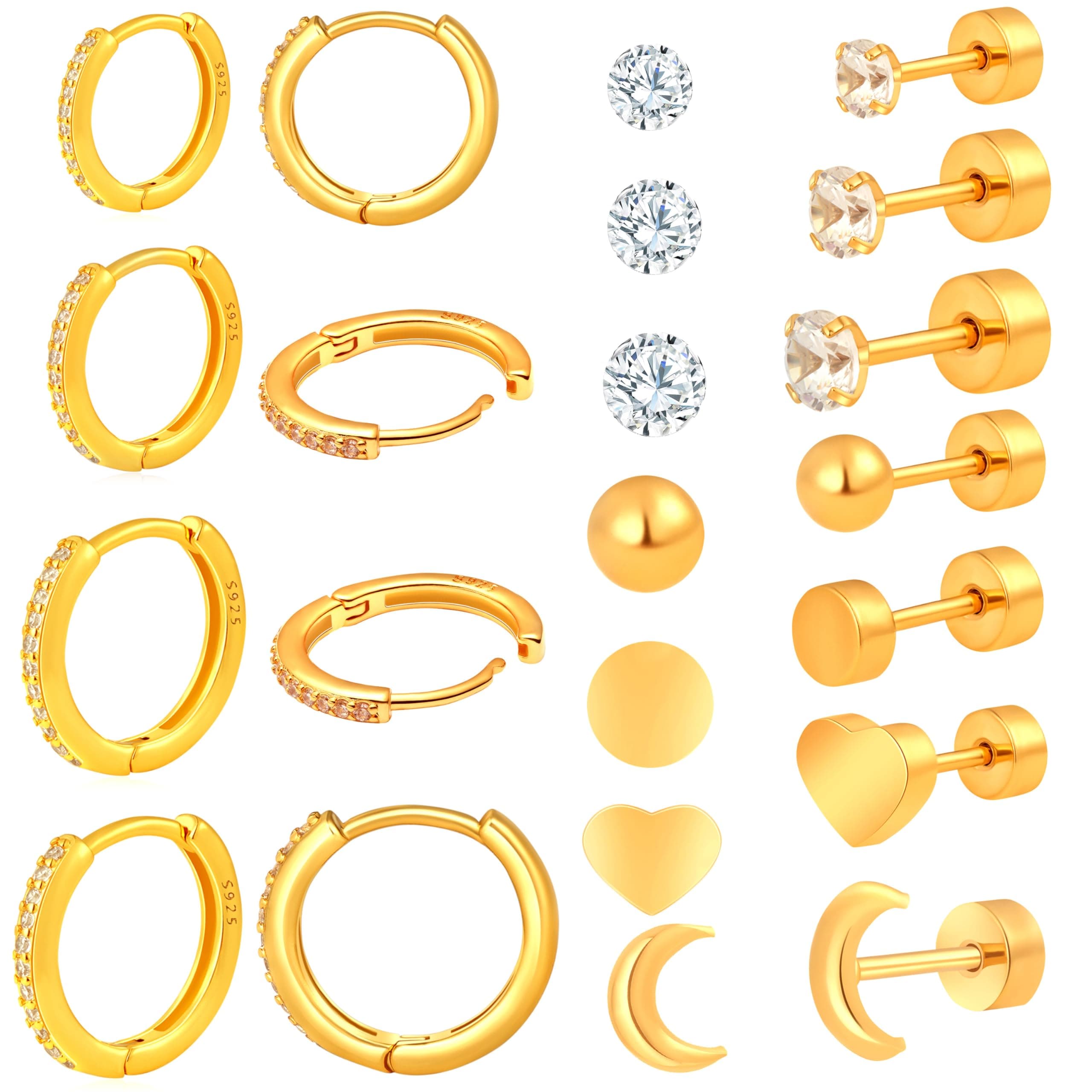 925 Sterling Silver Cartilage Helix CZ Huggie Earrings-Surgical Steel Earrings Set for Multiple Piercing Hypoallergenic,14K Gold Plated Flatback Small Hoop Stud Earrings Pack,Titanium Heart Ball Moon Dot CZ Stud Earrings for Women Men