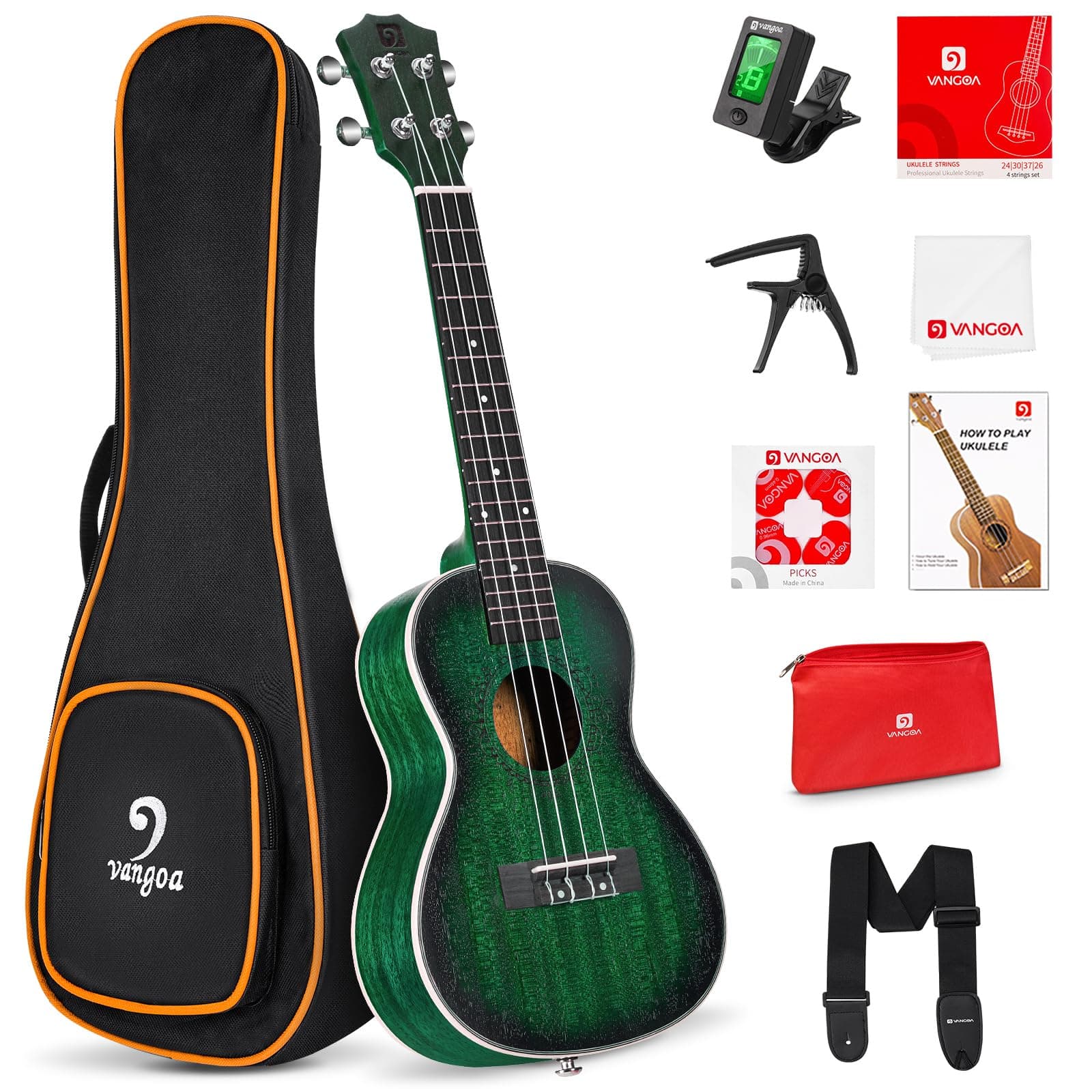Vangoa Concert Ukulele Professional 23 Inch Mahogany Ukelele for Adults Beginners Students Kids, Ukele Bundle Hawaiian Wood Uke, Four String Uke Starter Kit, Green