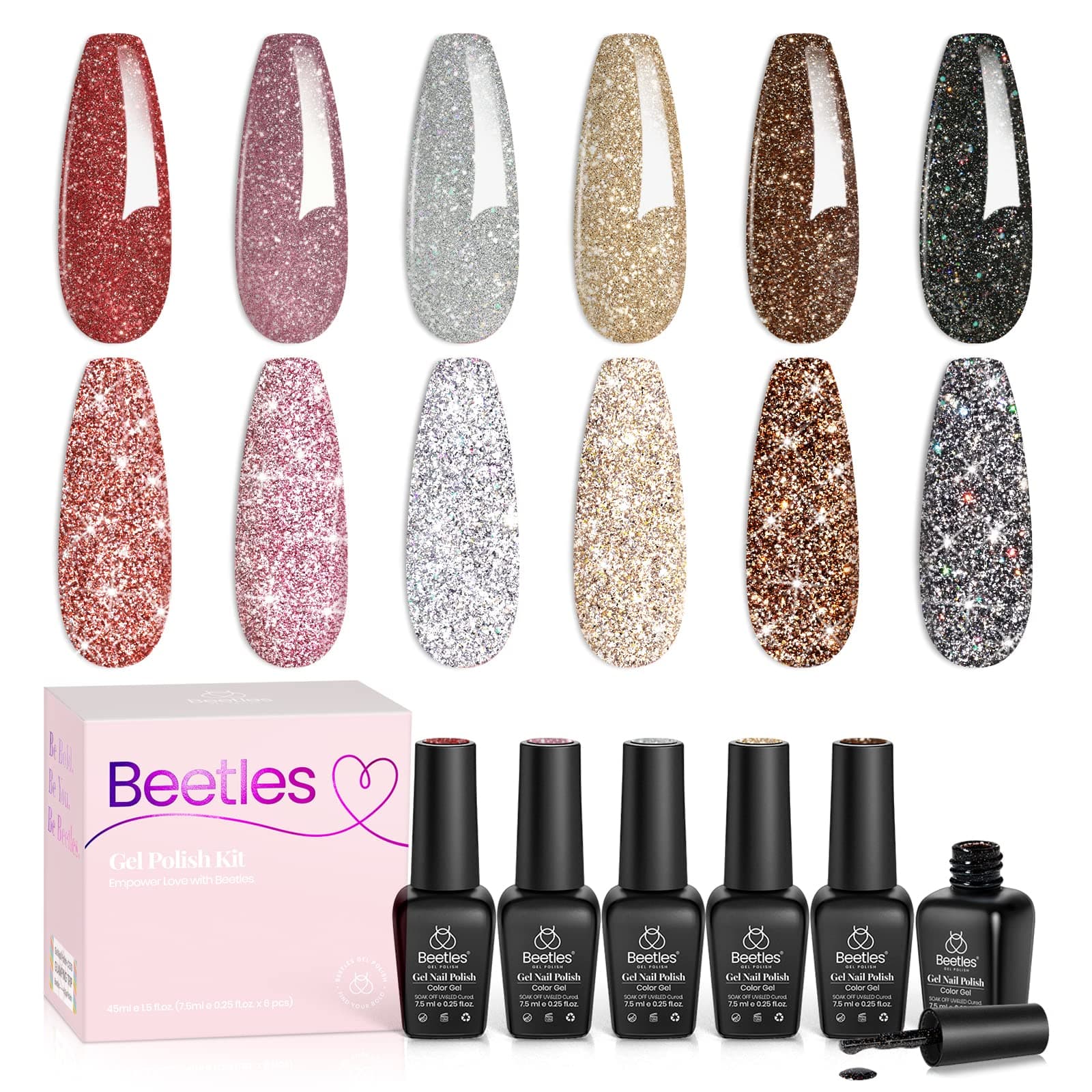 Beetles Glitter Gel Nail Polish, 6 Colors Holographic Sparkle Glitter Gel Polish Flash Diamond Sliver Gold Red Black UV LED Soak Off Manicure Gift for Women