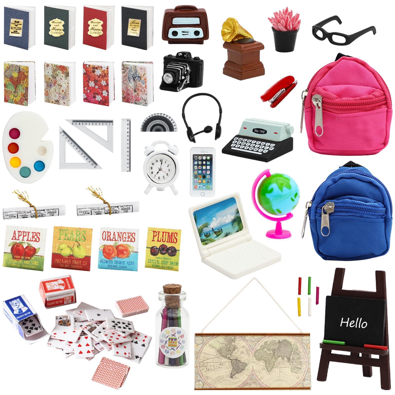 ONEST 46 Pieces Doll House School Supplies Mini School Accessories Dollhouse Home Miniature Model DIY Doll Accessories