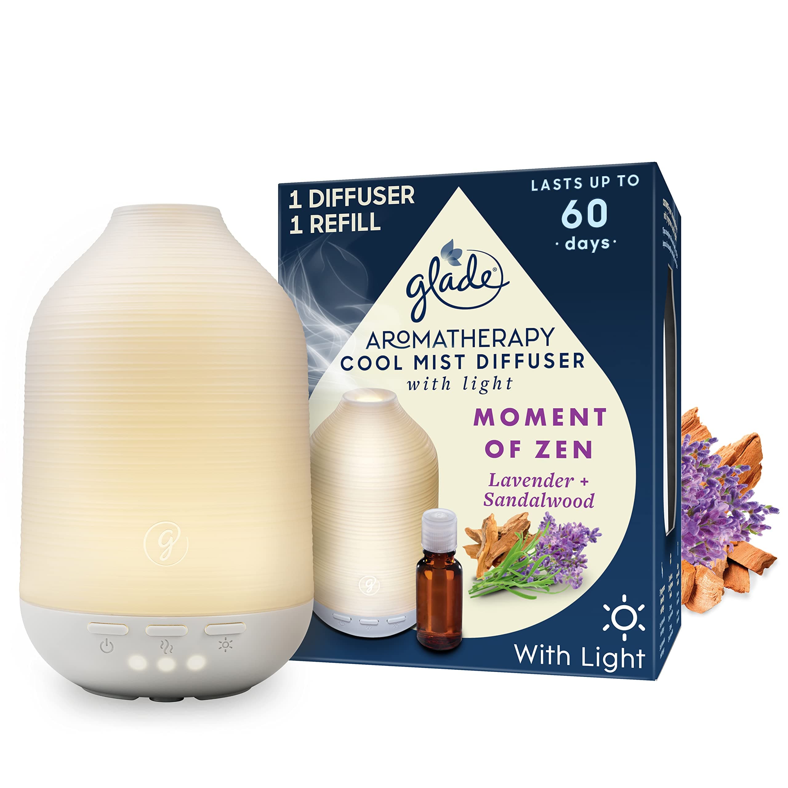 Glade Essential Oil Diffuser Holder & Refill, Cool Mist Aromatherapy Diffuser & Air Freshener for Home, Moment of Zen with Lavender & Sandalwood Scent, Holder + 17.4ml Refill