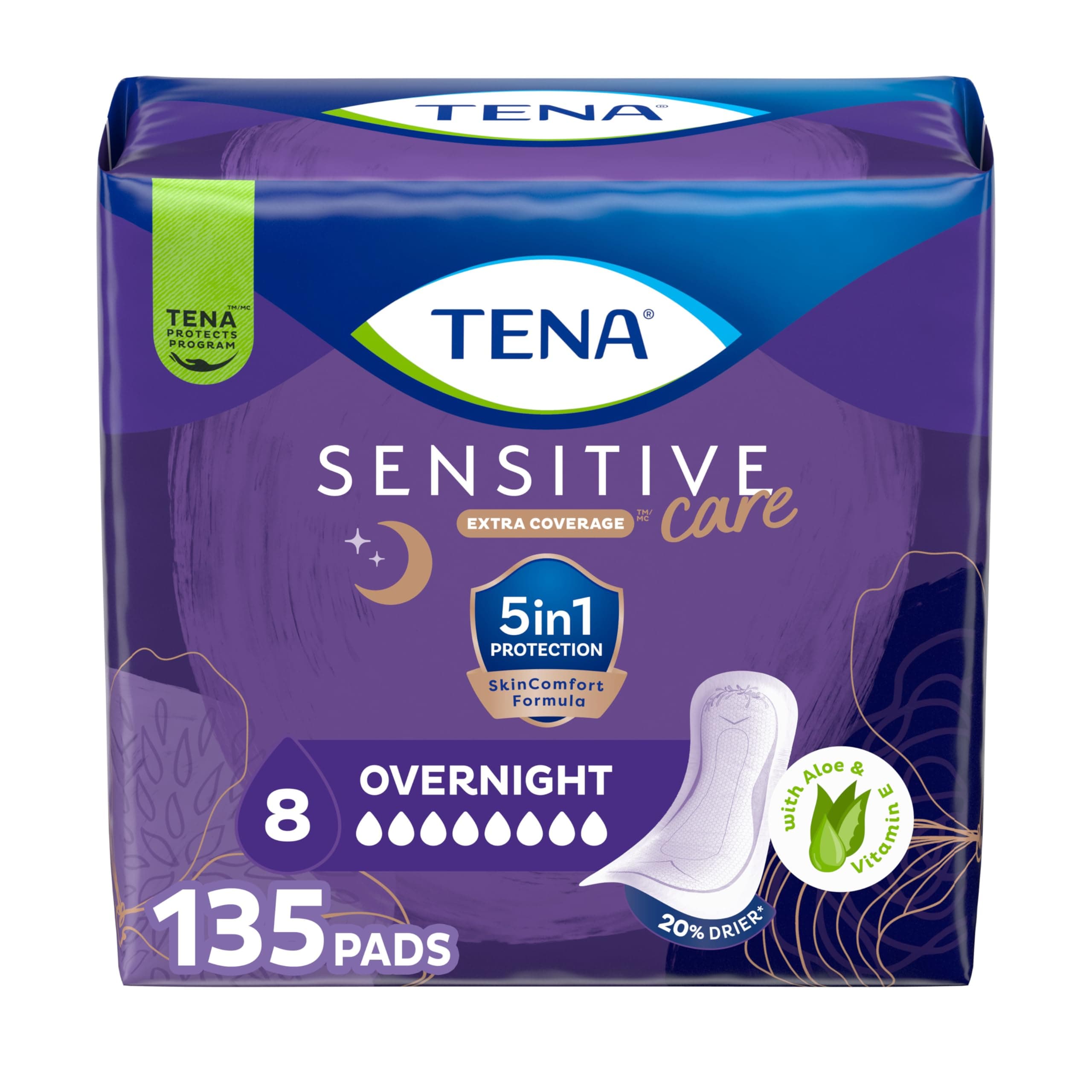 Sensitive Care Incontinence Pads, Bladder Control, Postpartum for Women, Overnight Absorbency, Extra Coverage, 135 Count