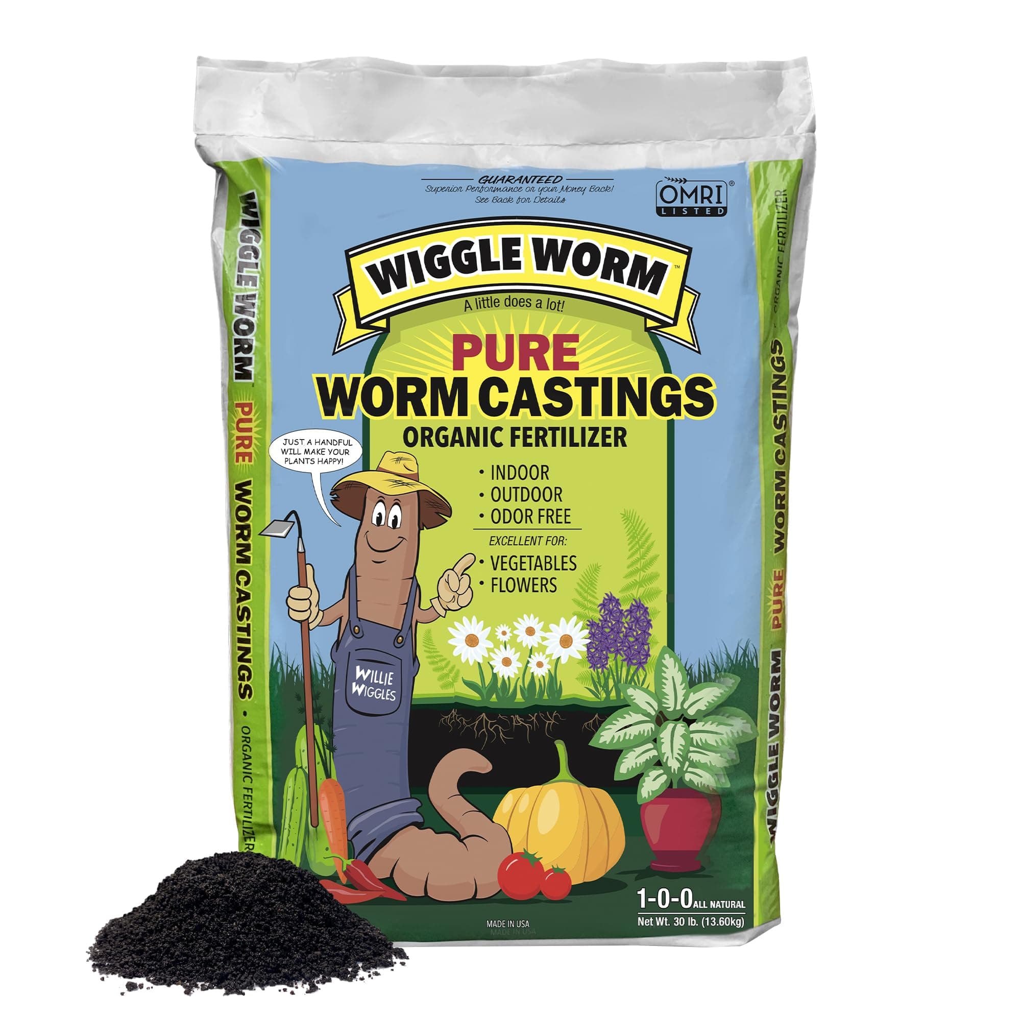 Wiggle Worm 100% Pure Organic Mineral-Dense Worm Castings Fertilizer, 30lbs - Improves Soil Fertility and Aeration for Growing Better Houseplants, Vegetables, and More