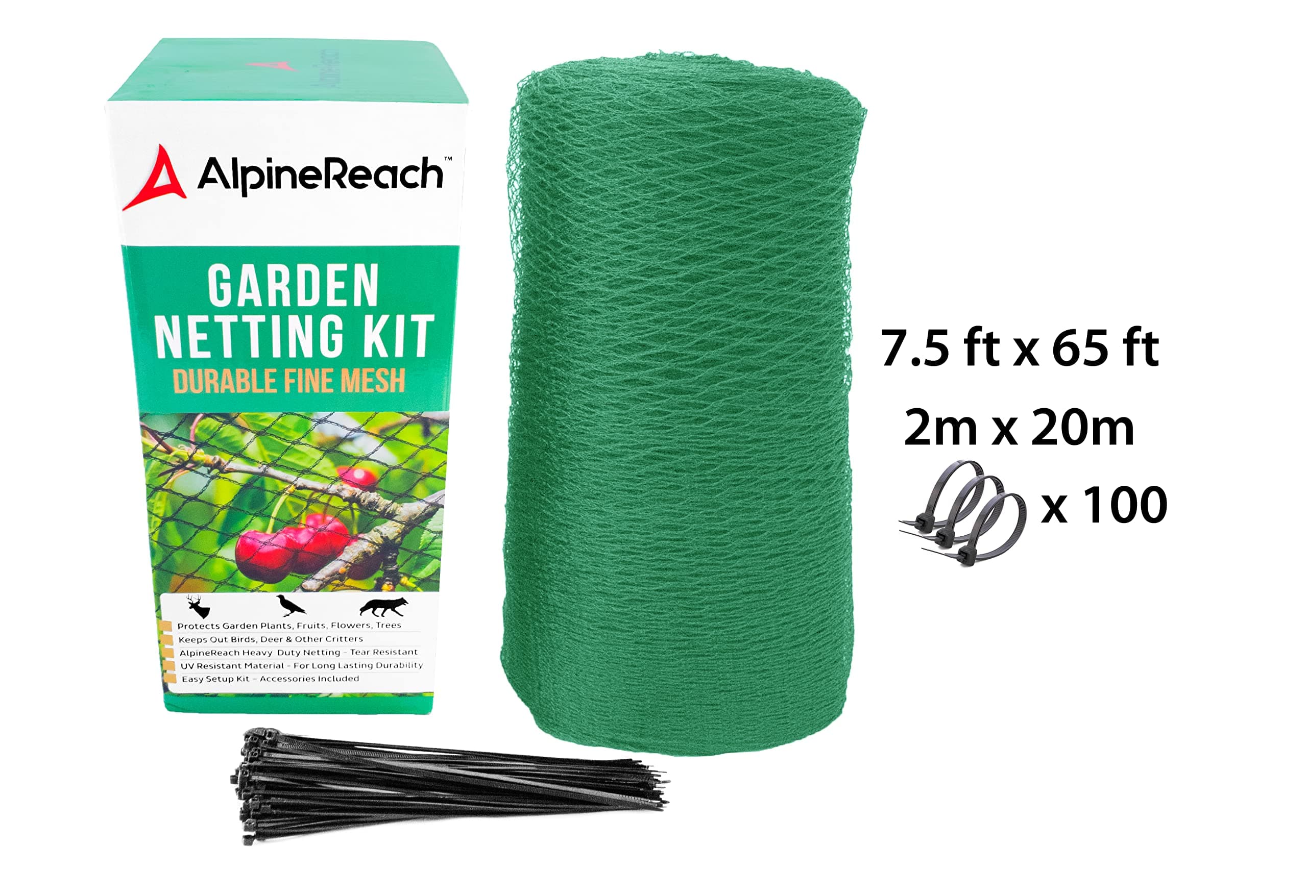 AlpineReach Garden Kit 2m x 20m Protect Plants Fruits Flowers Trees-Green Woven Mesh Heavy Duty-Stretch Fencing Durable Net with Cable Ties Fine Cover Gift Box Stops Birds Deer Animals