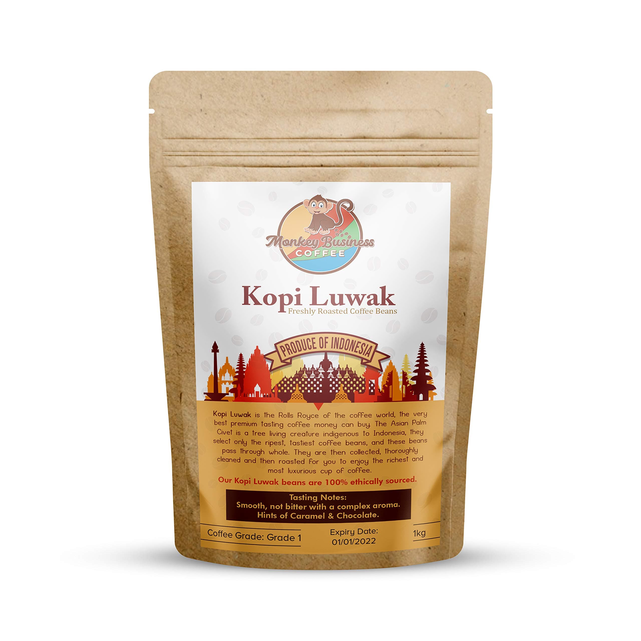 Monkey Business Coffee - Wild Kopi Luwak Coffee Whole Beans - Sustainably Sourced (from Indonesia) - 1 Kilogram