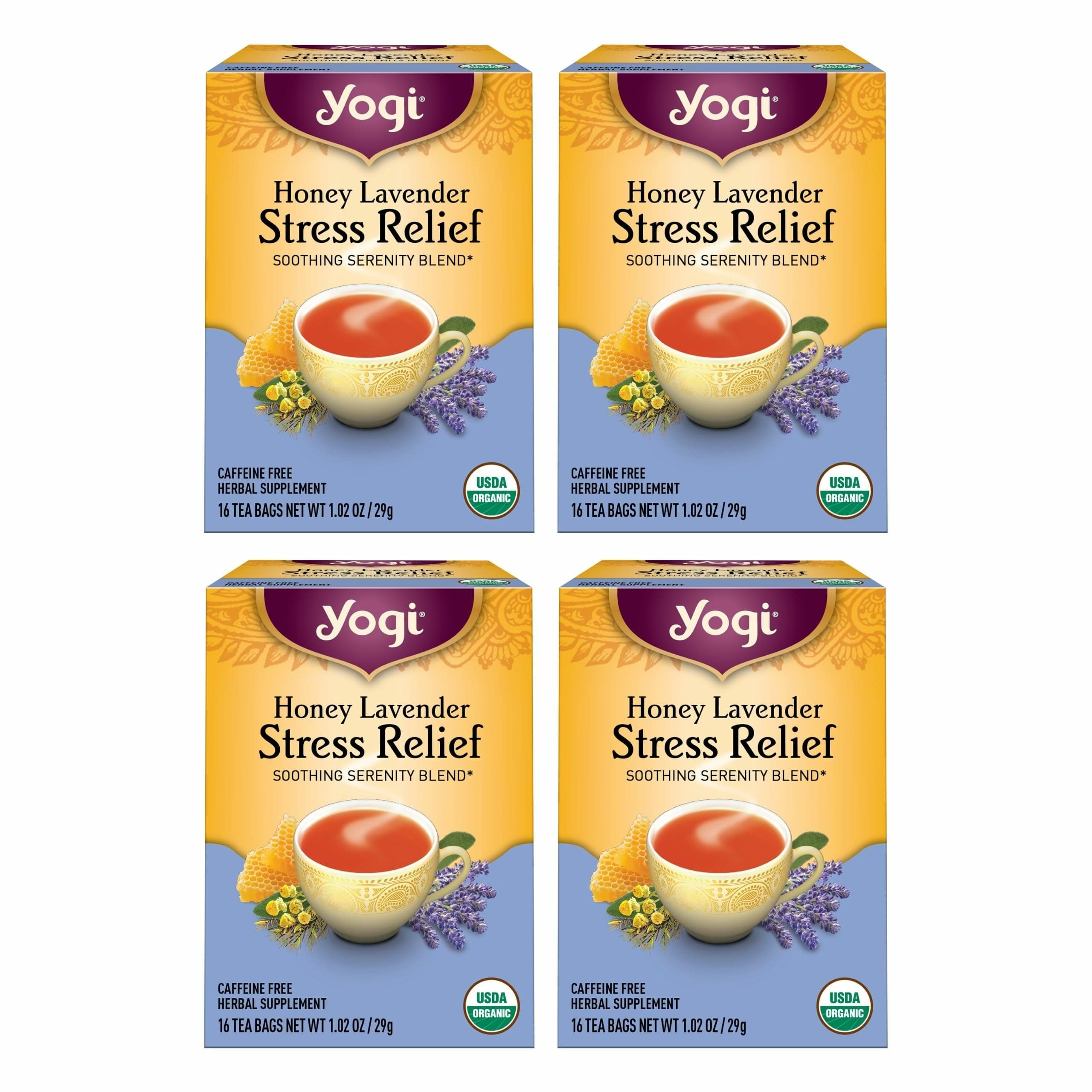 Tea Honey Lavender Stress Relief - 16 Bags per Pack (4 Packs) - Organic Chamomile Lavender Tea - Includes Lemon Balm, Lemongrass, Spearmint Leaf, Peppermint Leaf, Honey Flavor & More