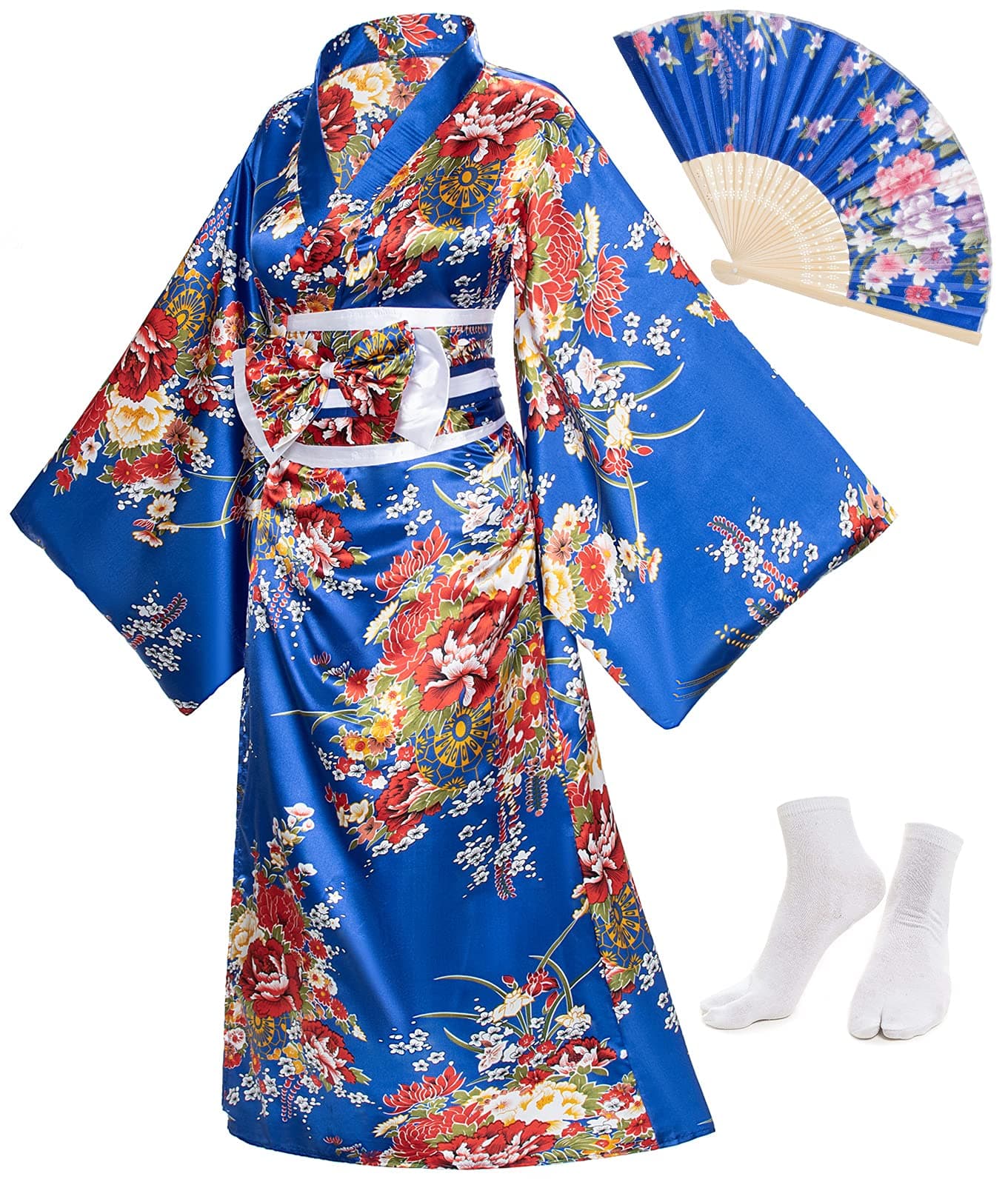 Japanese Anime Women's Kimono Robe Geisha Yukata Sweet Dress Blossom Satin Bathrobe Sleepwear Fans Tabi Socks set