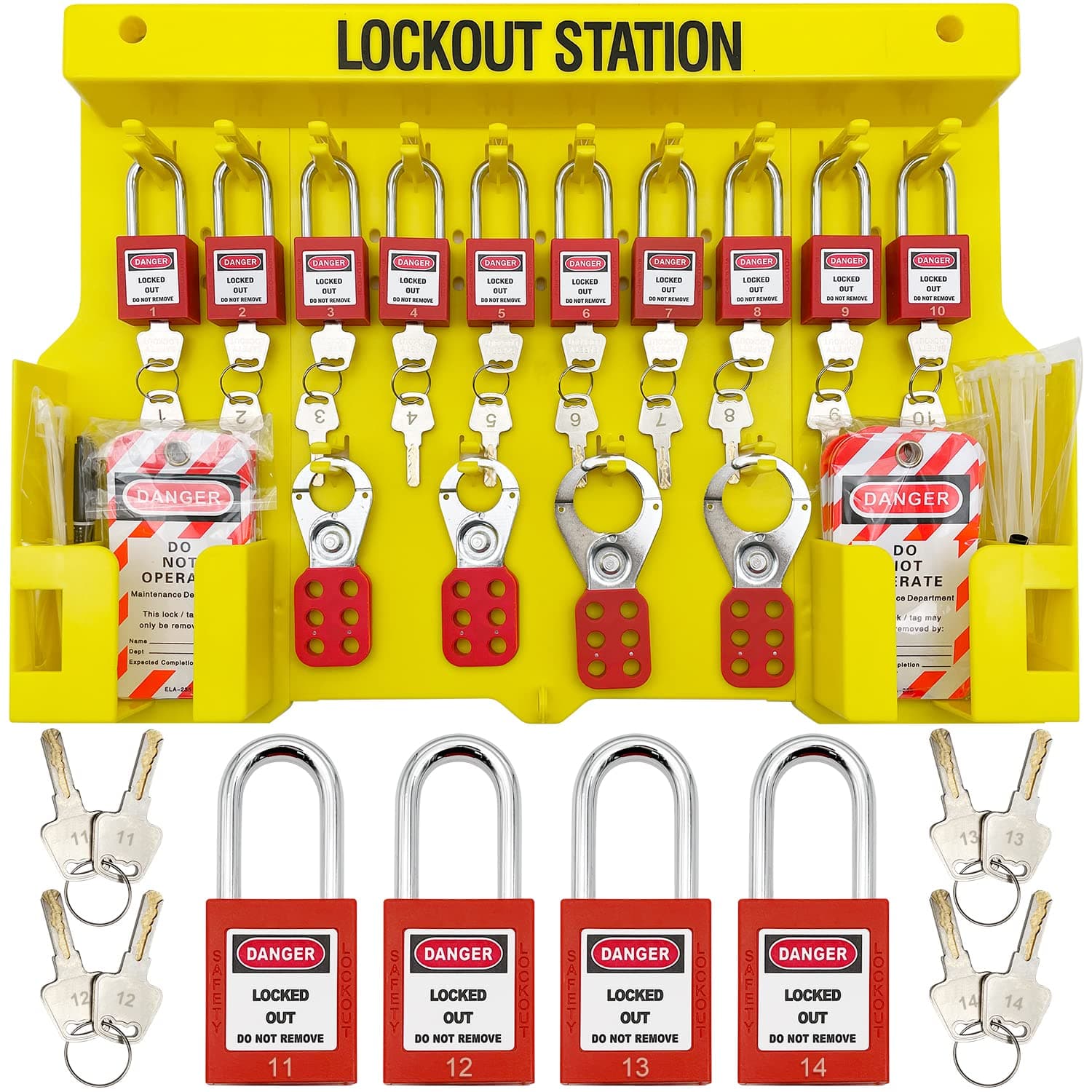 Lockout Tagout Station,Loto Kits, Includes 14 Key Different Padlocks with Numbers, 4 Lockout Hasps, 40 Lockout Tags, 20 Nylon Cable (Big Lock Station) Yellow