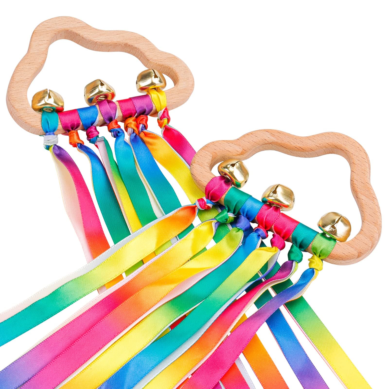 2PCS Sensory Wooden Ring Baby Toys - Babies Rainbow Ribbon Rattle Toy Educational Toddler Play Toy with Bells