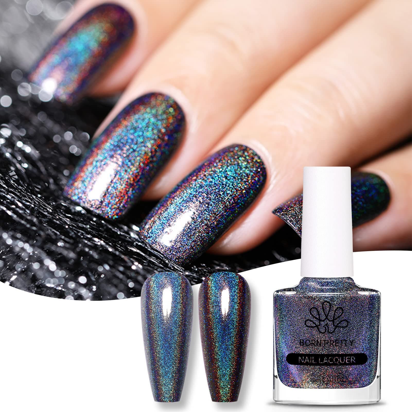 BORN PRETTY Holographic Nail Polish Black Nail Polish Magic Rainbow Effect Nail Varnish Lacquer Holo Glitter Super Shine Nail Art Polish 10ml