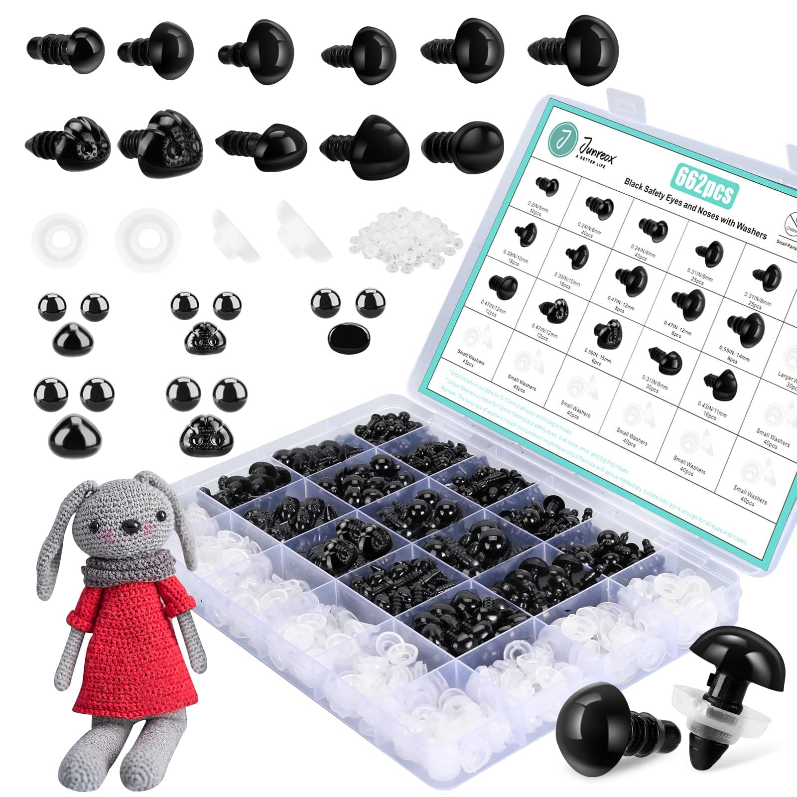 662Pcs Safety Eyes and Noses for Amigurumi, Junreox Preimum 5-14mm Safety Eyes for Crochet Stuffed Animals, Assorted Plastic Crochet Craft Eyes with Washers for Teddy Bear, Dolls, Plushies Toys, Black