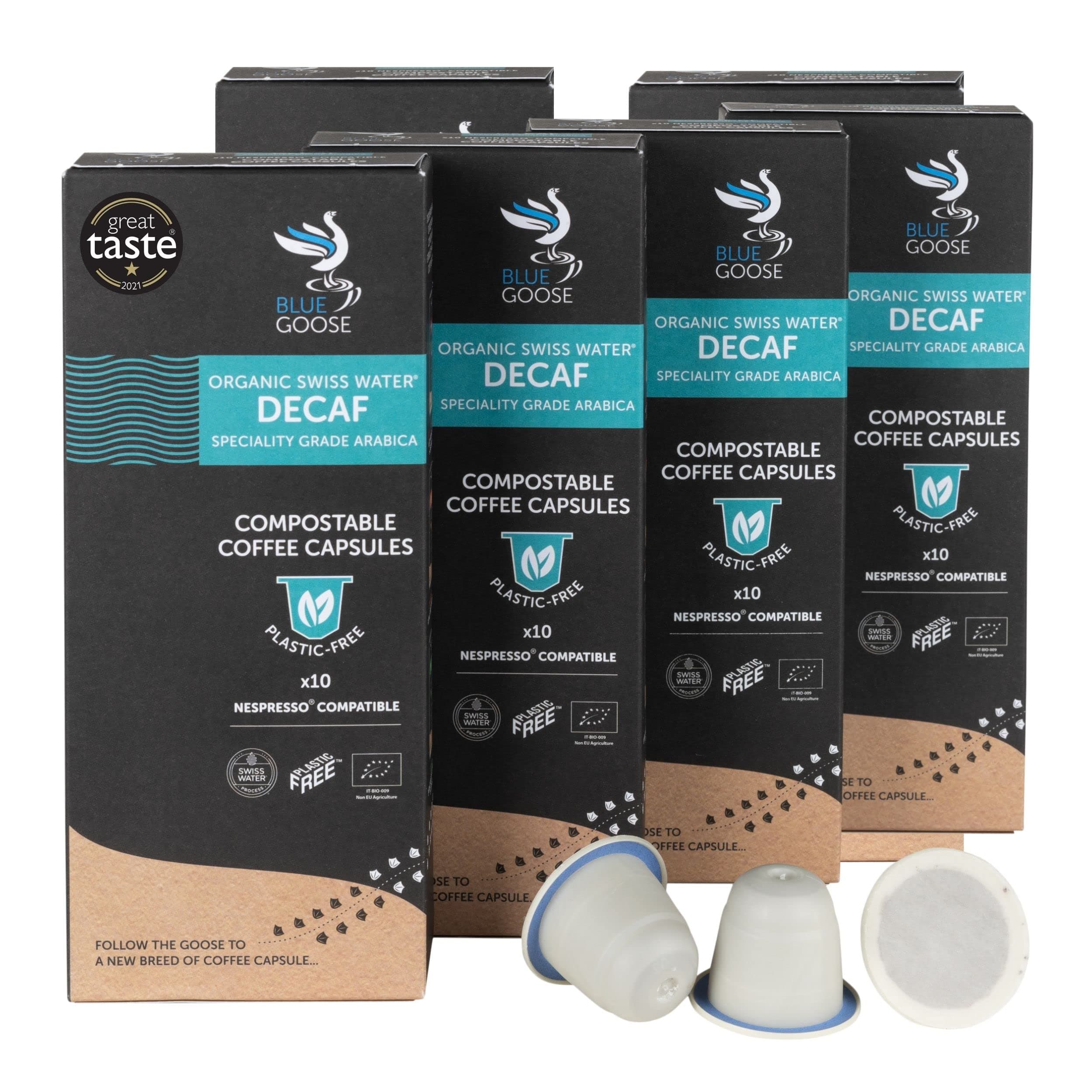 Blue Goose Organic Swiss Water Decaf - 60 Plastic Free Compostable Coffee Capsules - Nespresso Compatible Pods - Specialty Grade Coffee - Great Taste Award 2021