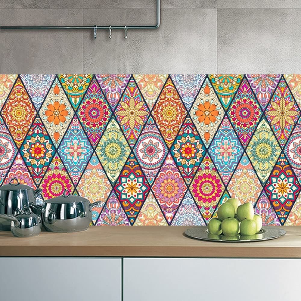 20pcs Moroccan Style Tile Stickers, Colourful Mandala Kitchen Bathroom Wall Tile Stickers Peel and Stick on Tile Transfers Covers Decals Self Adhesive Vinyl Waterproof Mosaic (15cm x 15cm, 6x6 inches)