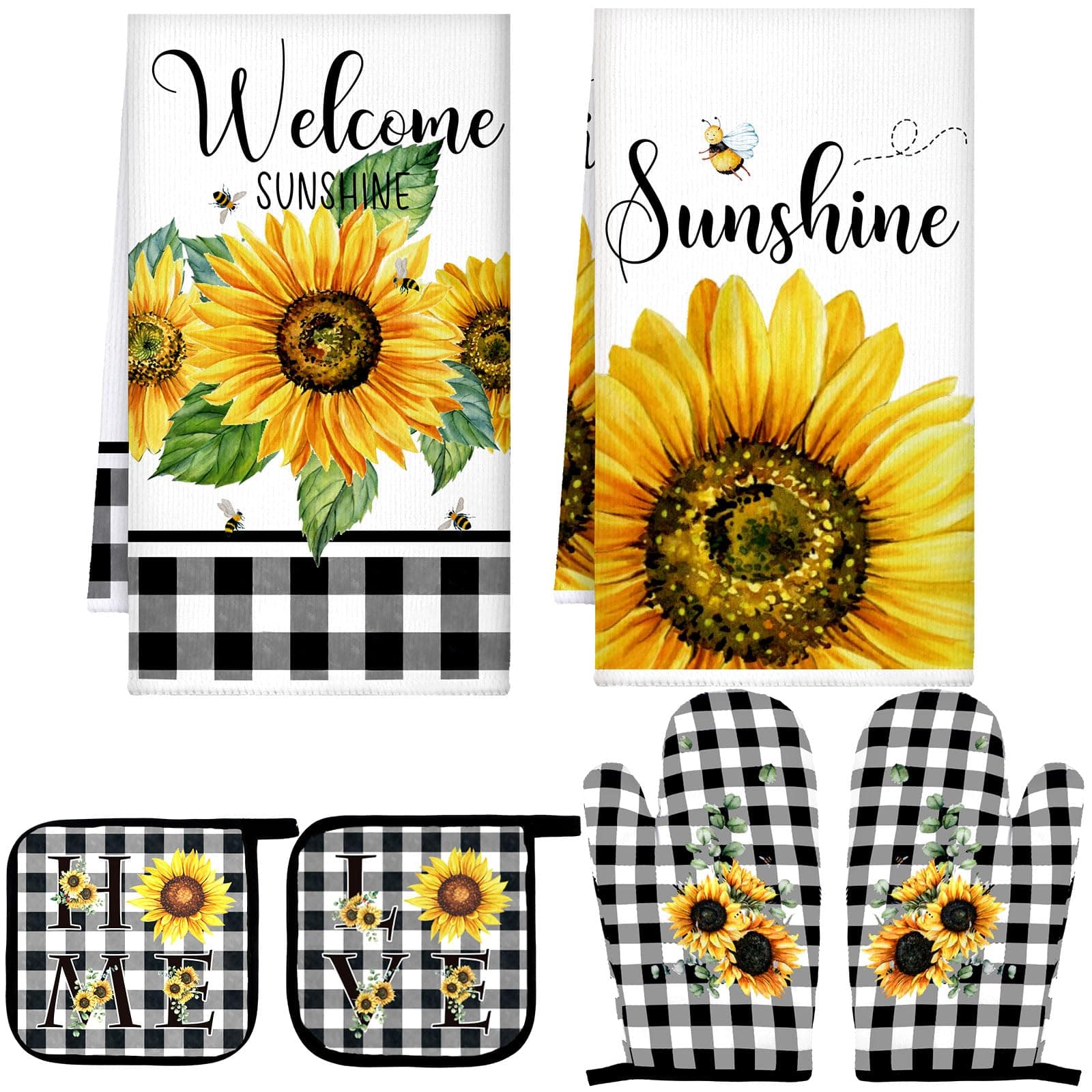 Bencailor 6 Pieces Sunflower Kitchen Towel Pot Holders Oven Mitts Set Buffalo Plaid 2 Dish Towels 2 Farmhouse Cooking Mittens Oven Glove 2 Potholders for Cooking Baking Grilling Supply Accessories