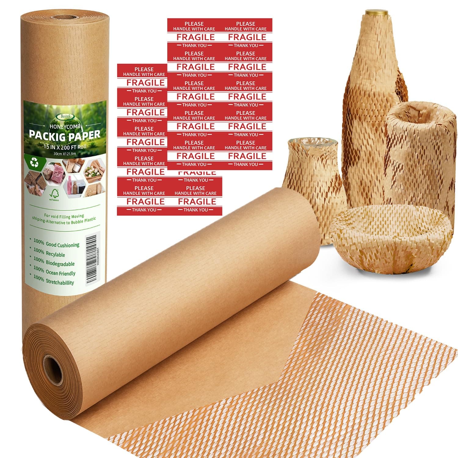 Honeycomb Packing Paper Wrap 15"x200' Sustainable Alternative to Bubble Cushioning Wrap for Moving/shipping/packing Roll with 20 Fragile Sticker Biodegradable & Fully Recylable