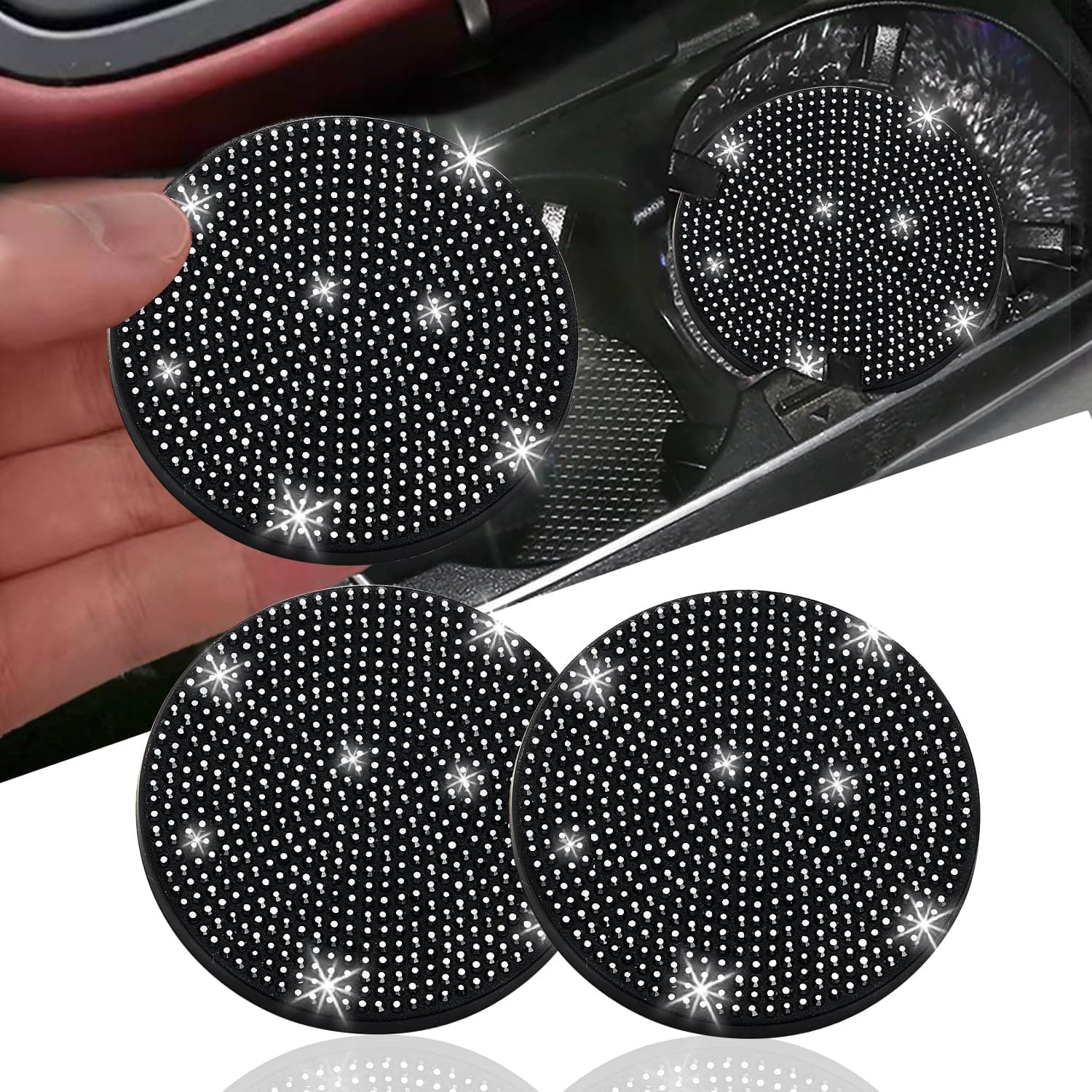 2pcs Bling Car Cup Holder Coaster, 2.75 inch Anti-Slip Shockproof Universal Fashion Vehicle Car Coasters Insert Bling Crystal Rhinestone Auto Automotive Interior Accessories for Women (2 pcs, Black)