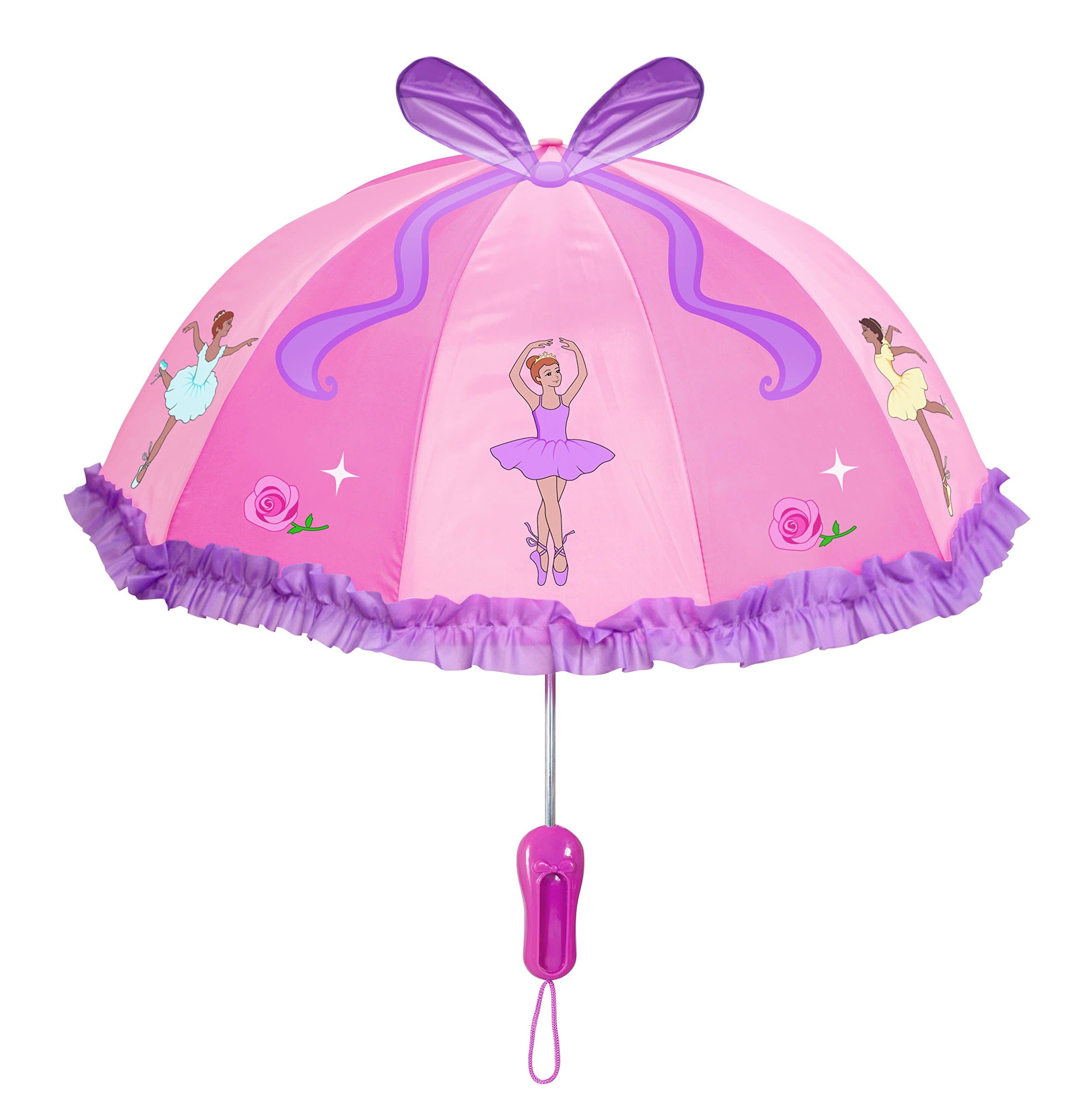 KidorablePink Ballerina Umbrella for Girls w/Fun Ballet Dancers, Pop-Out Ribbon, Pointe Shoe Handle
