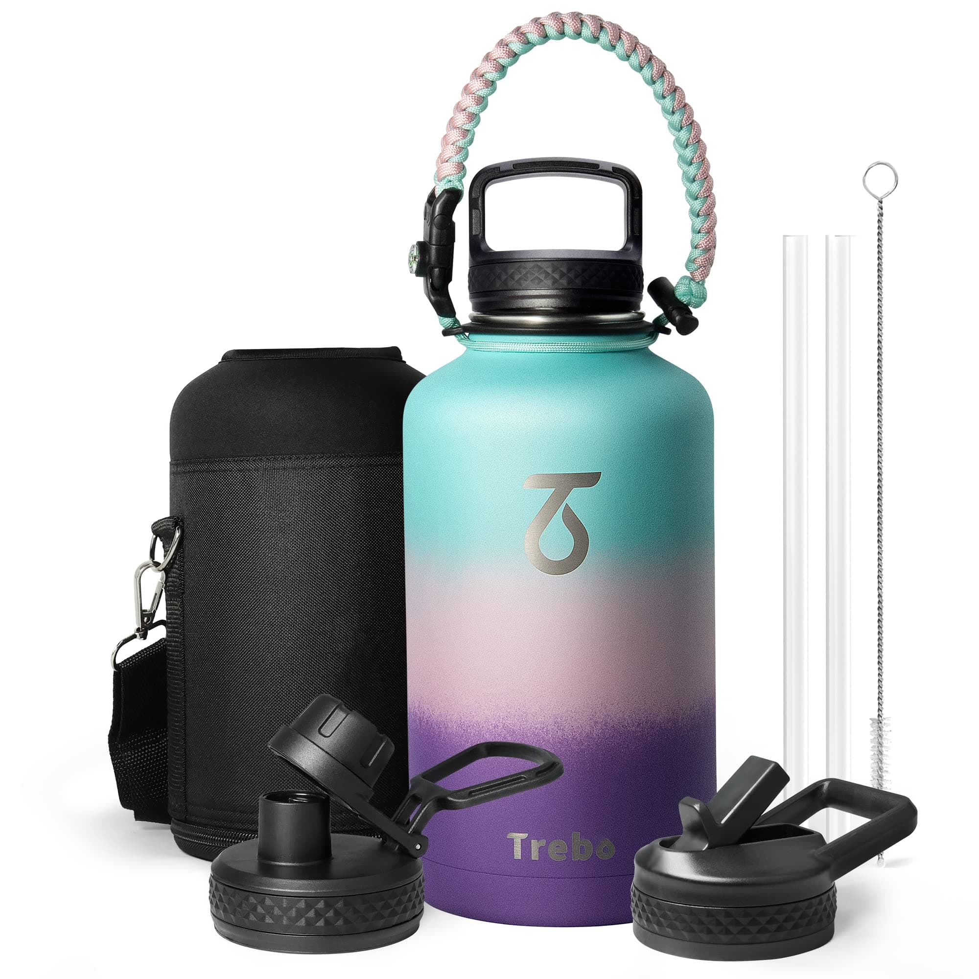 Trebo Stainless Steel Water Bottle 2 L, Wide Mouth Insulated Water Bottle Double with Paracord Handle Sports Bottle Keep Cold 48 Hours Water Jug with 3 Lids, Hydrangea