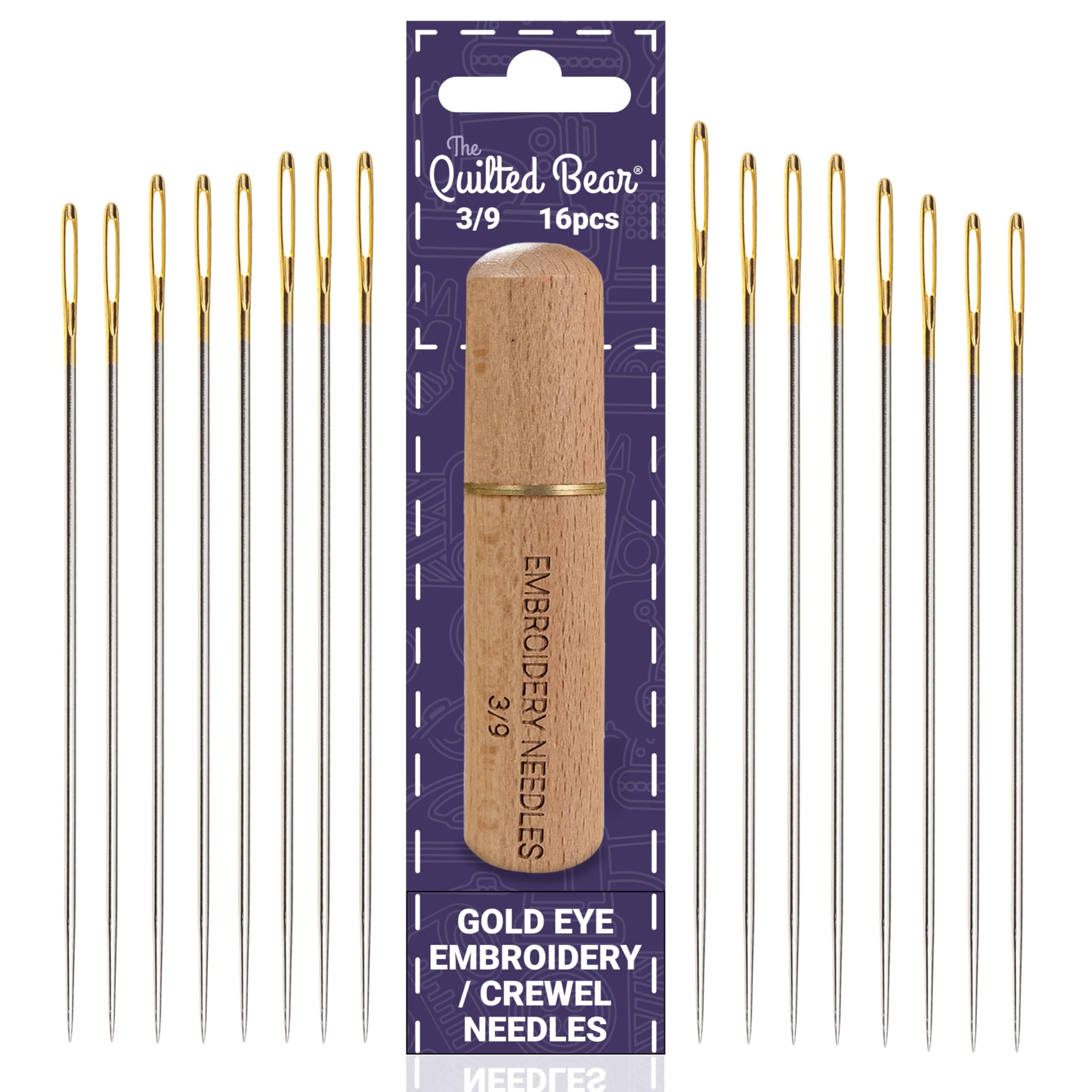 The Quilted Bear Gold Eye Crewel Embroidery Needles 3/9-16 Large Eye Sharp Point Crewel Needles for Embroidery in a Premium Engraved Wooden Case for Embroidery & Hand Sewing (Sizes 3/9)