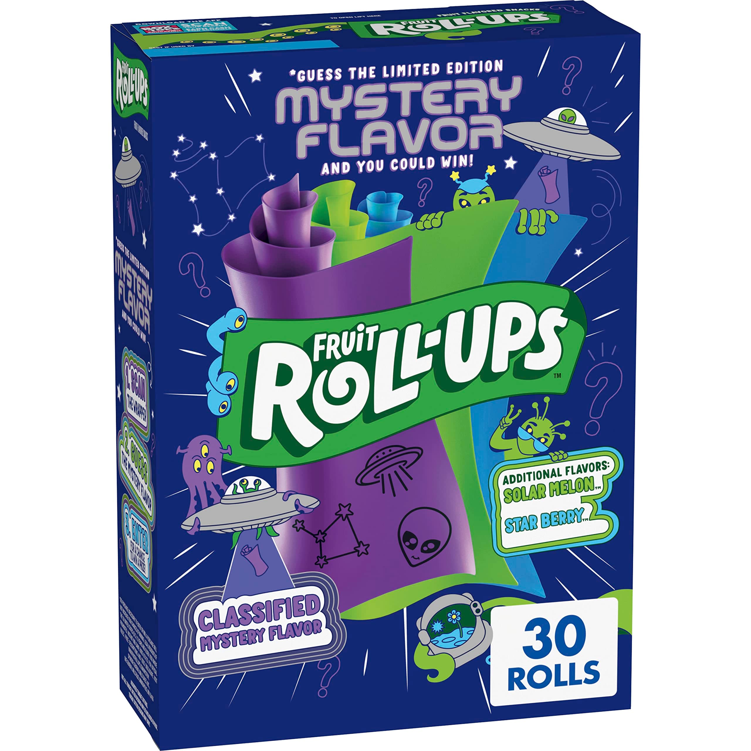 Betty Crocker Fruit Roll-Ups Fruit Flavored Snacks, Mystery Flavor, Solar Melon, and Star Berry, 30 ct