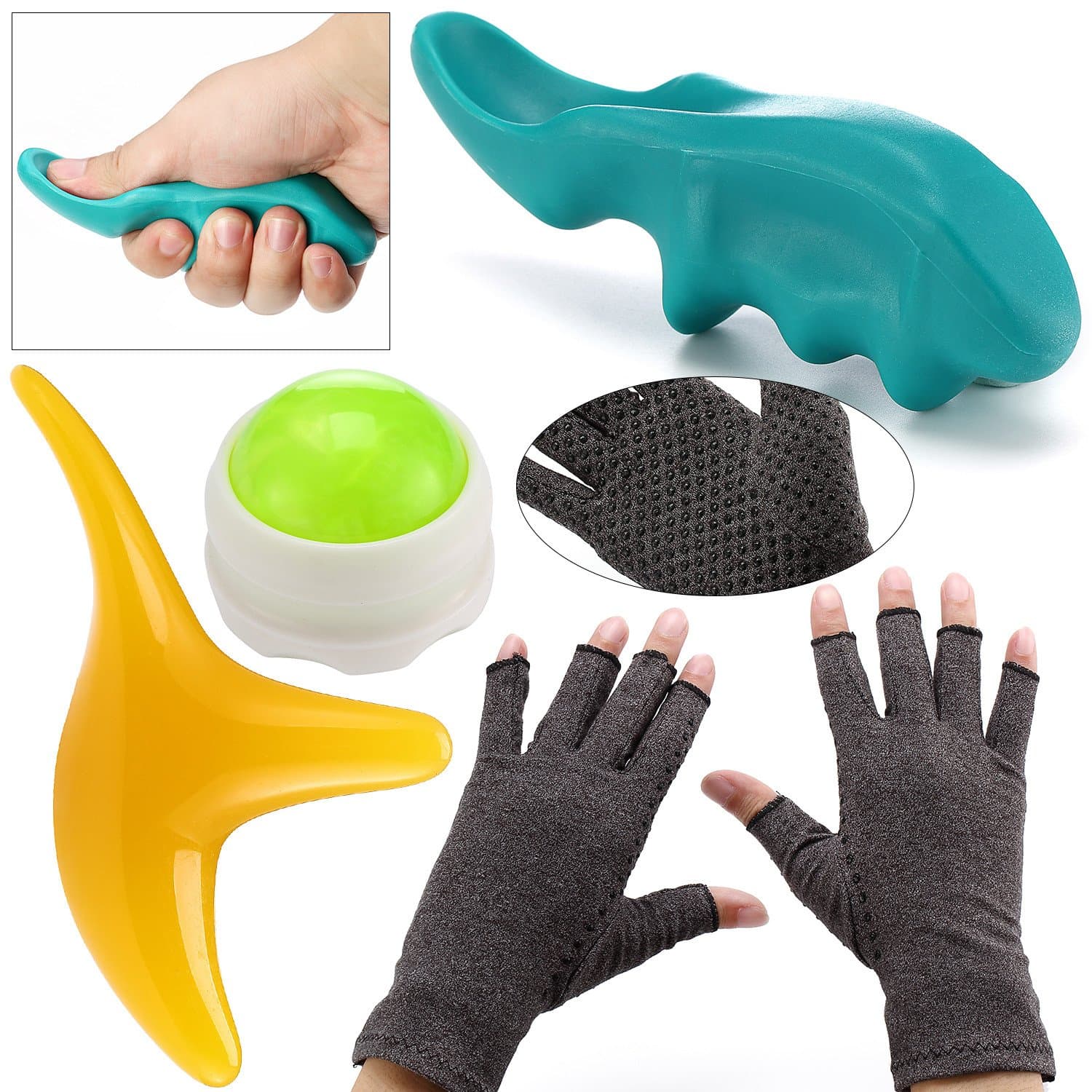 Massage & Arthritis [Pain Relief Set - Small] Compression Gloves (1 Set) for Joint Pain + Muscle Roller Ball (1) + Deep Tissue Thumb (1) + Deep Tissue Accupressure Tool (1)