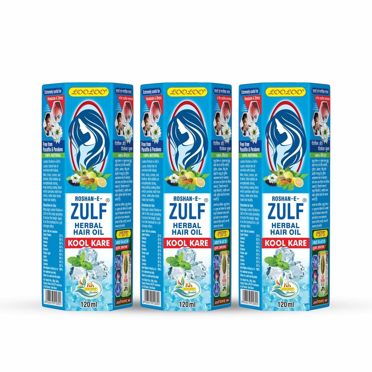 LooLoo Roshan-e-Zulf Hair Oil 120ml |Herbal Hair Oil |Mint, Brahmi & Henna - Pack of 3 (120ml each)