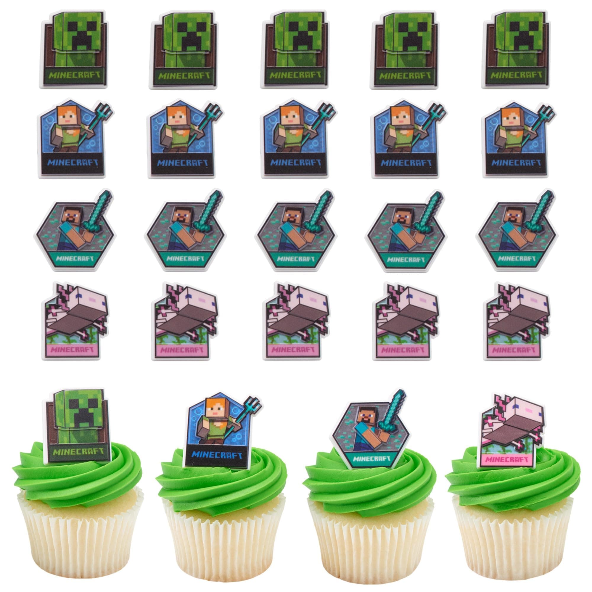 Minecraft Lush Finds Rings, Cupcake Decorations Featuring Creeper, Alex, Steve and Axolotl! Multicolored 3D Food Safe Cake Toppers – 24 Pack