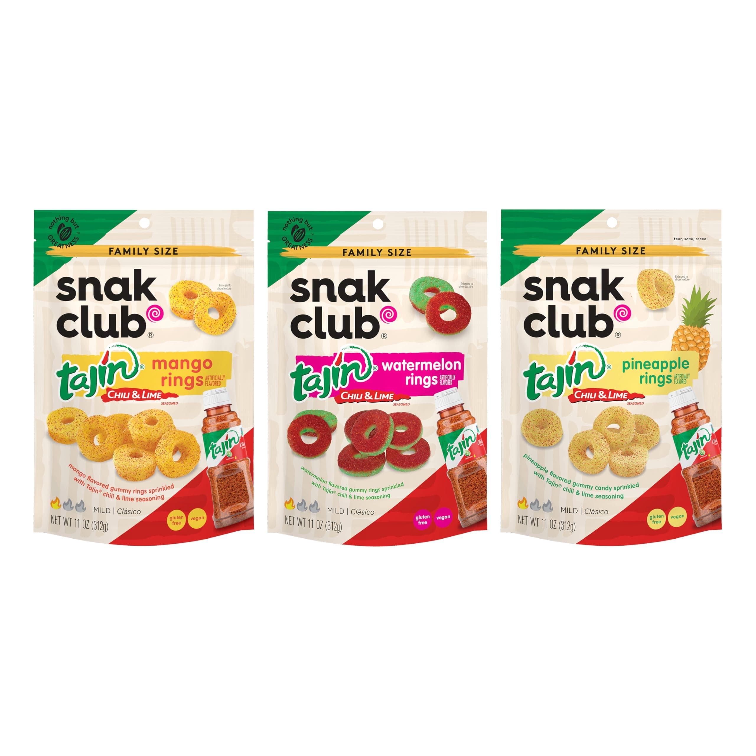 Snak Club Tajin Gummy Candy Fruit Rings, Gummies with Chili and Lime Seasoning, Mild Spice, Gluten-Free and Vegan Snacks, Assorted Variety, Watermelon, Mango, Pineapple, 11 oz Resealable Bags, 3 Pack