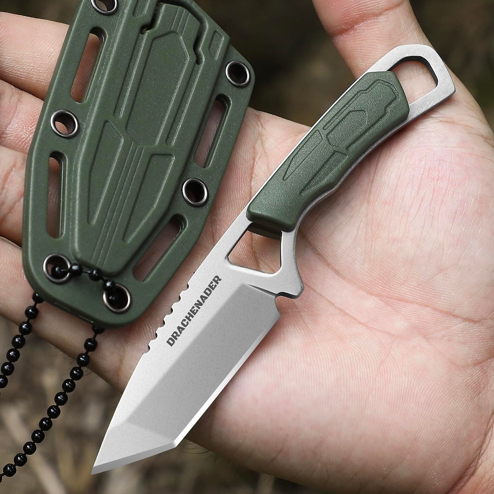 Neck Knife Tanto Small, Mini Neck Knife with Sheath and Necklace Fixed Blade Knives Full Tang Outdoor Knives, Green