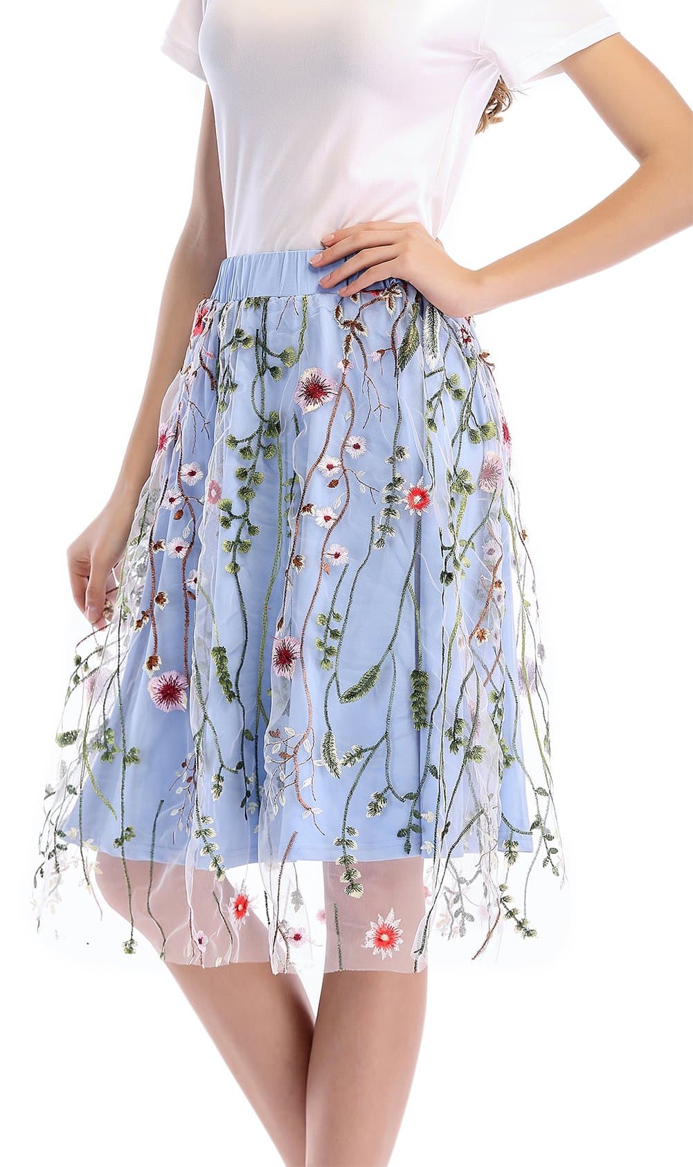 Women’s Summer Skirt Knee Length A Line Floral Printed Dress Fresh Tutu Tulle Evening Party Skirt with Waistband Blue