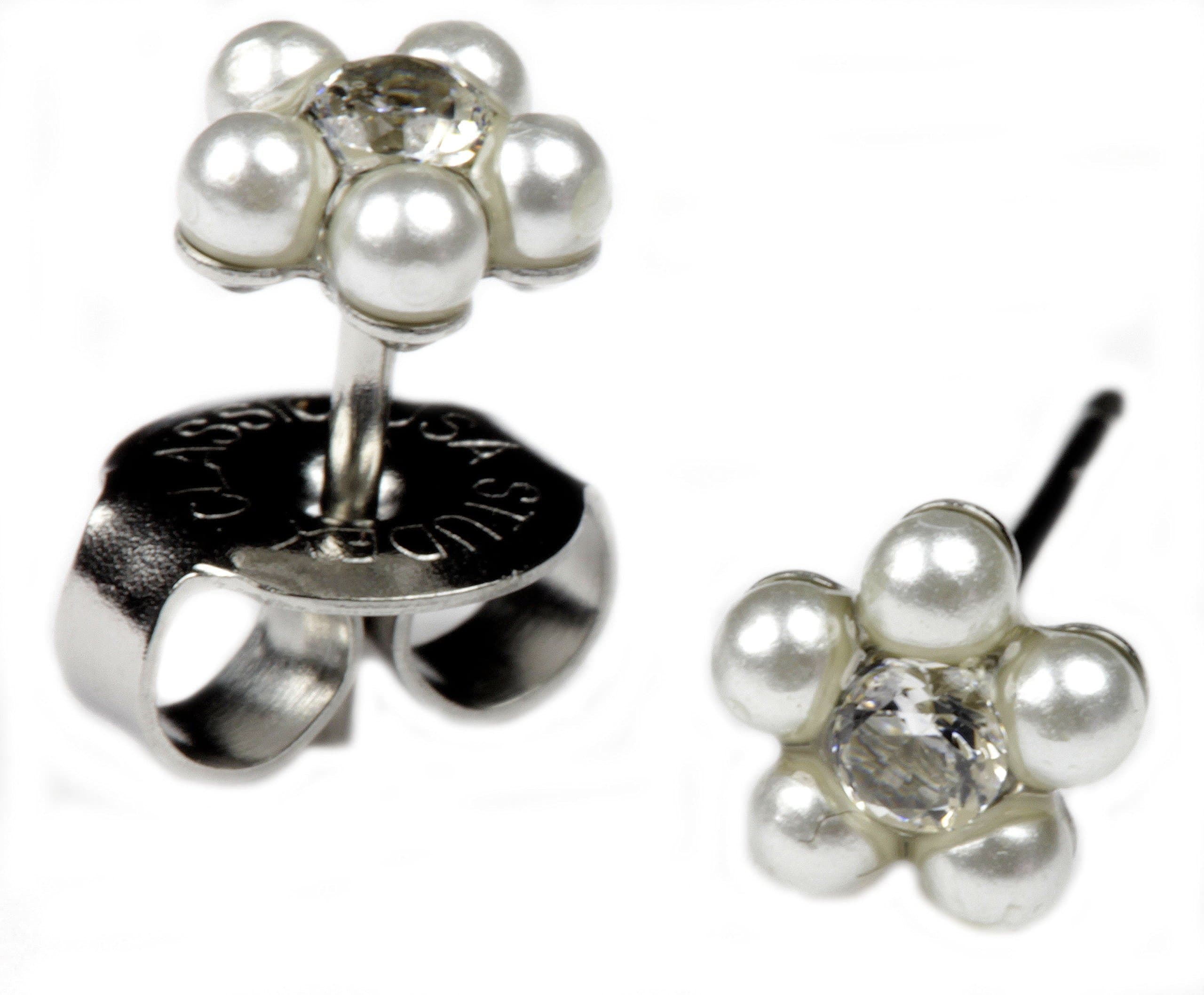 Ear Piercing Earrings 5mm White Simulated Pearl Daisy Flower Silver Studs Studex System 75 Hypoallergenic