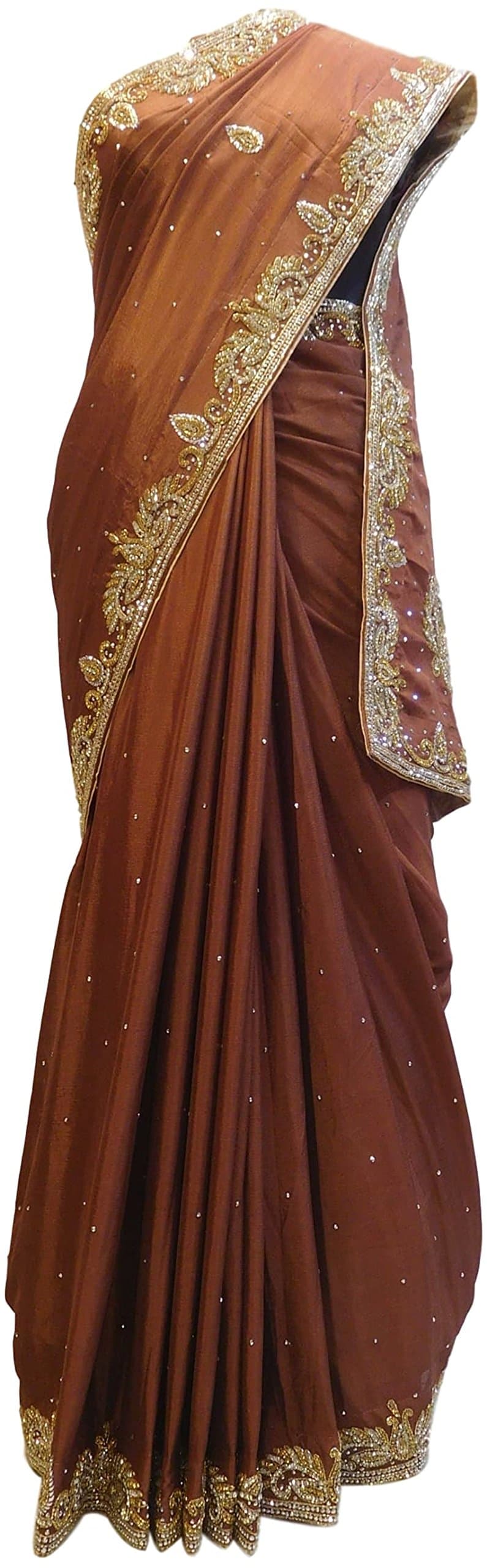 SMSAREE Coffee Brown Designer Crepe (Chinon) Hand Embroidery Cutdana Stone Work Saree Sari AZC671