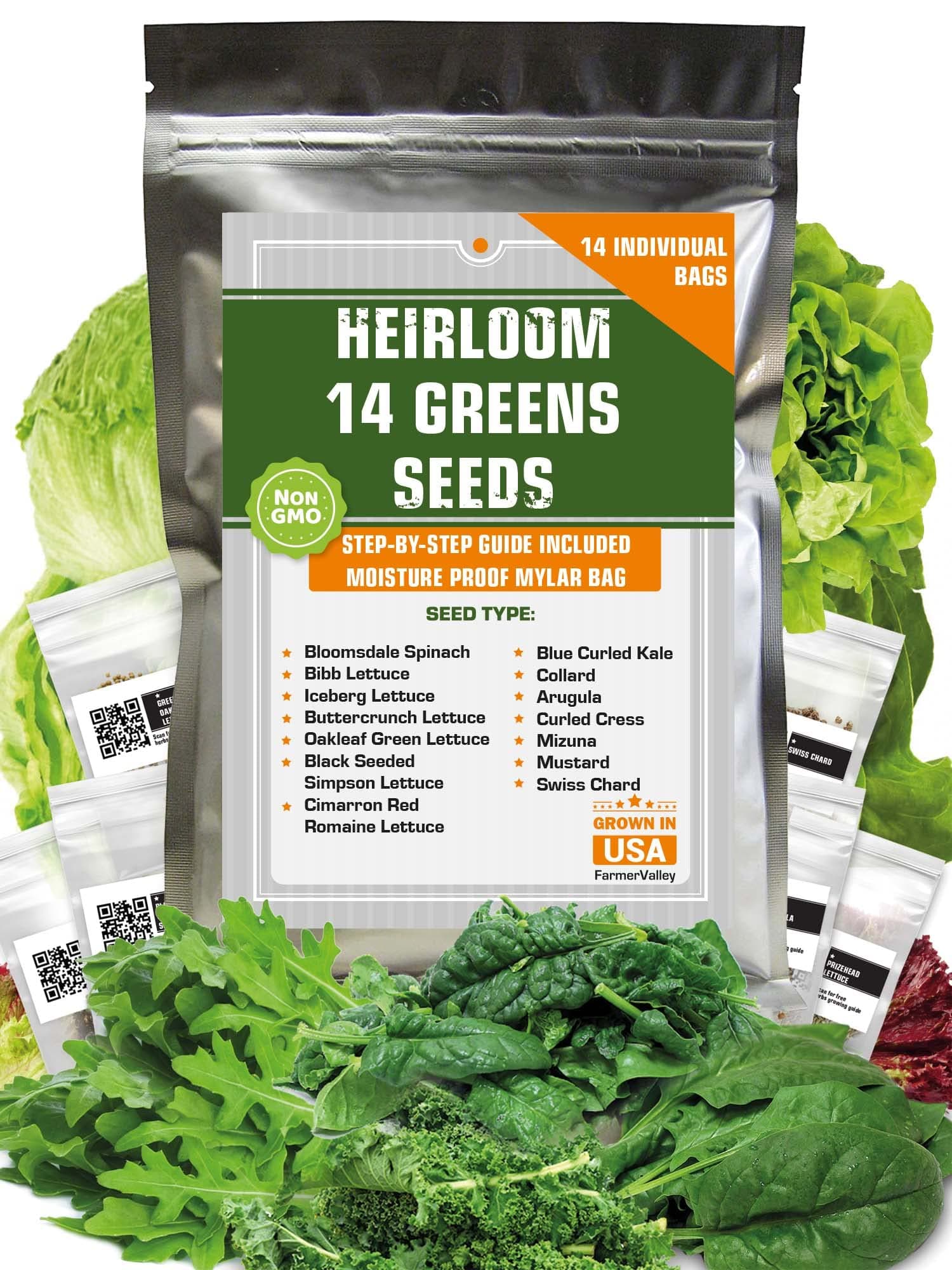 14 Varieties Heirloom Non-GMO Lettuce and Greens Seeds Pack for Outdoor and Indoor Gardening & Hydroponics, 6380 Seeds - Spinach, Bibb, Iceberg, Butter, Oakleaf, Black Seeded Simpson, Romaine & More