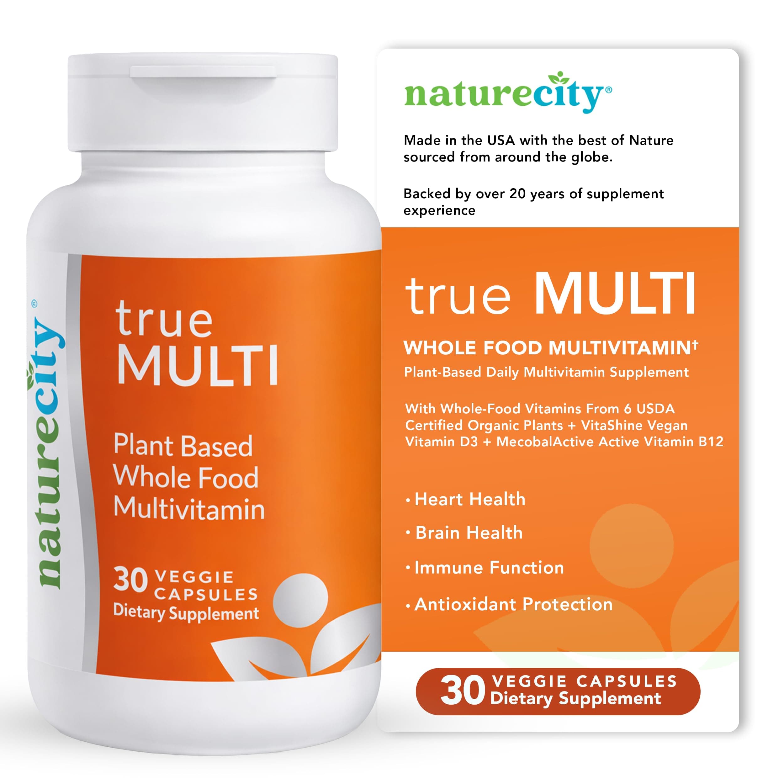NatureCity TrueMulti Plant Based Daily Adult Multivitamins (30 Veggie Capsules) One a Day Vitamins - Daily Vitamin for Men and Women - Soy Free, Non-GMO, Gluten Free