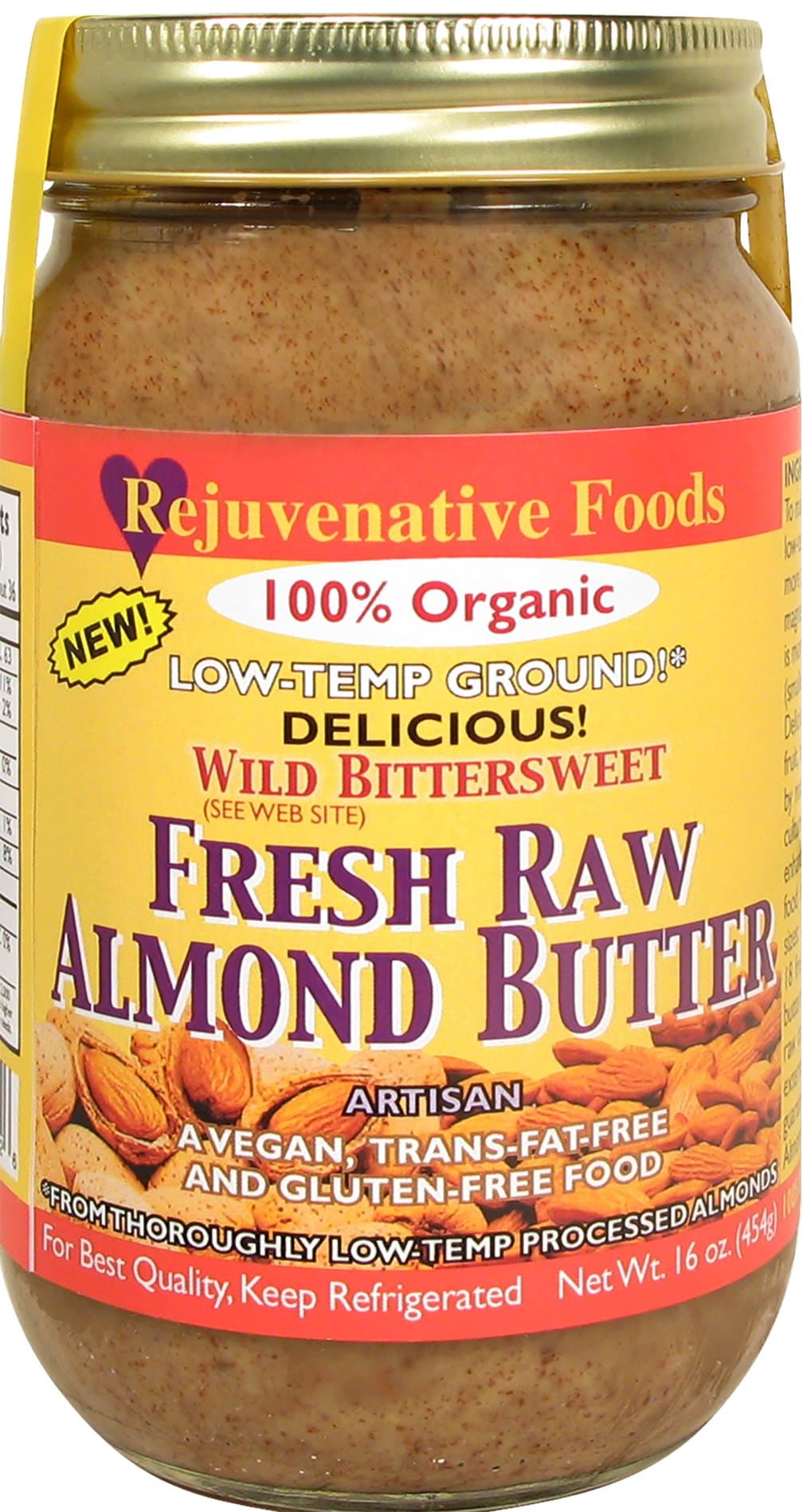 Fresh-Pure-Raw Wild Organic Almond Butter Rejuvenative Foods Low-Temp-Ground Artisan-Ayurvedic-Vegan In-Glass Vitamin-Protein-Antioxidant-Vitamin-Mineral-Nutrition USDA-Certified-Organic-16 oz