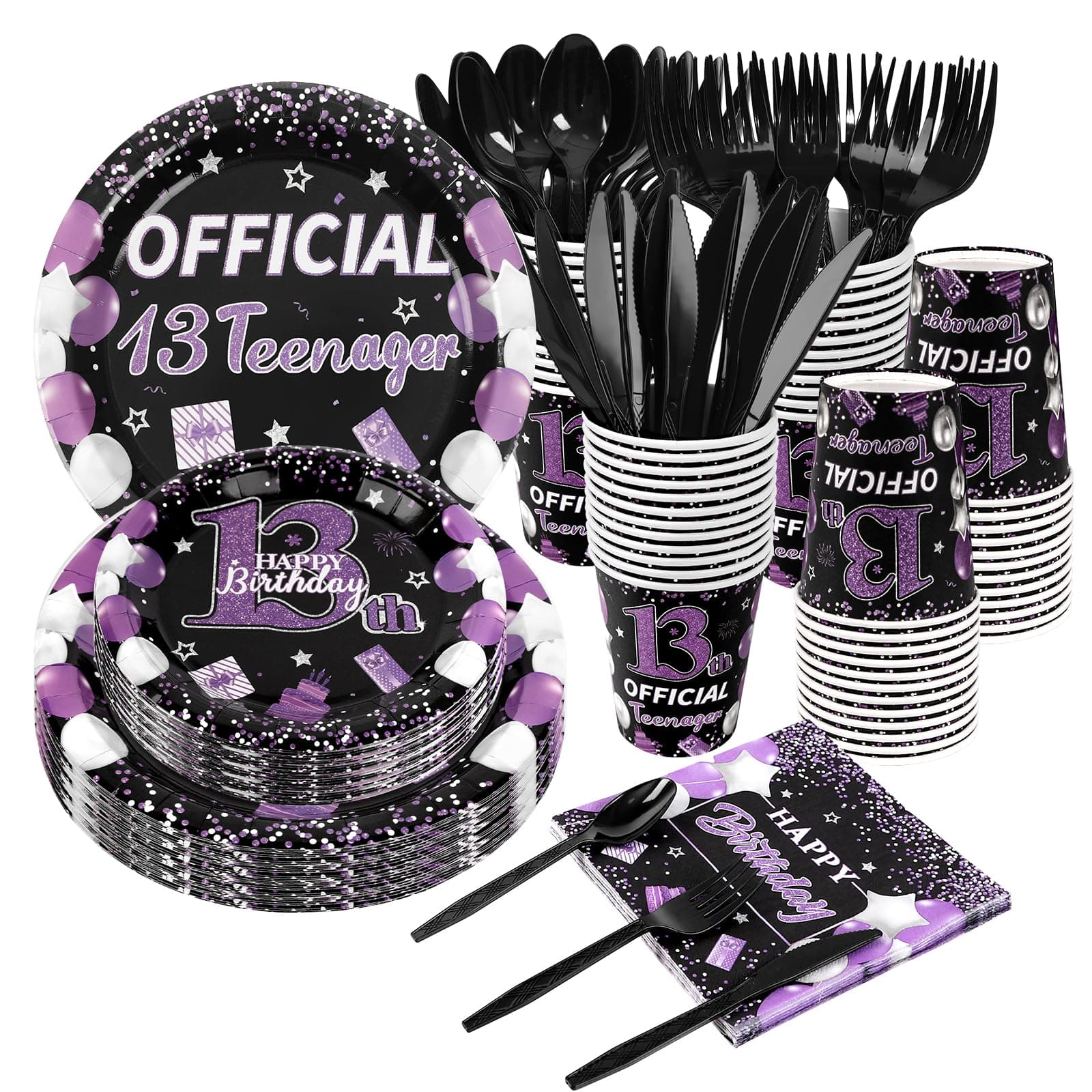 168PCS 13th Birthday Party Supplies Disposable Paper Plates Napkins Cups Knives Spoons Forks Official Teenager 13th Purple and Silver Party Decorations for Teenager Boys Girls Favor Serve 24