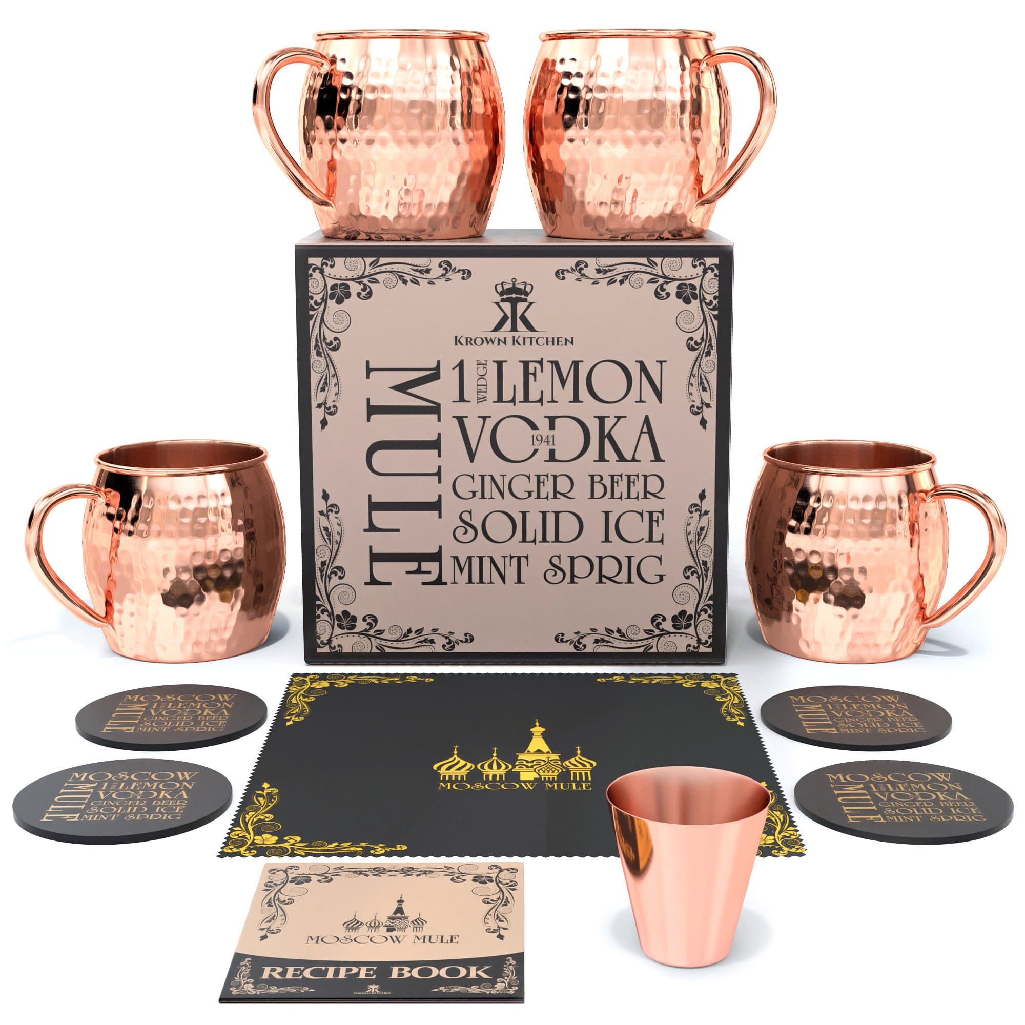 Hammered Moscow Mule Copper Mugs Set of 4 | 100% Solid Copper | 16 oz