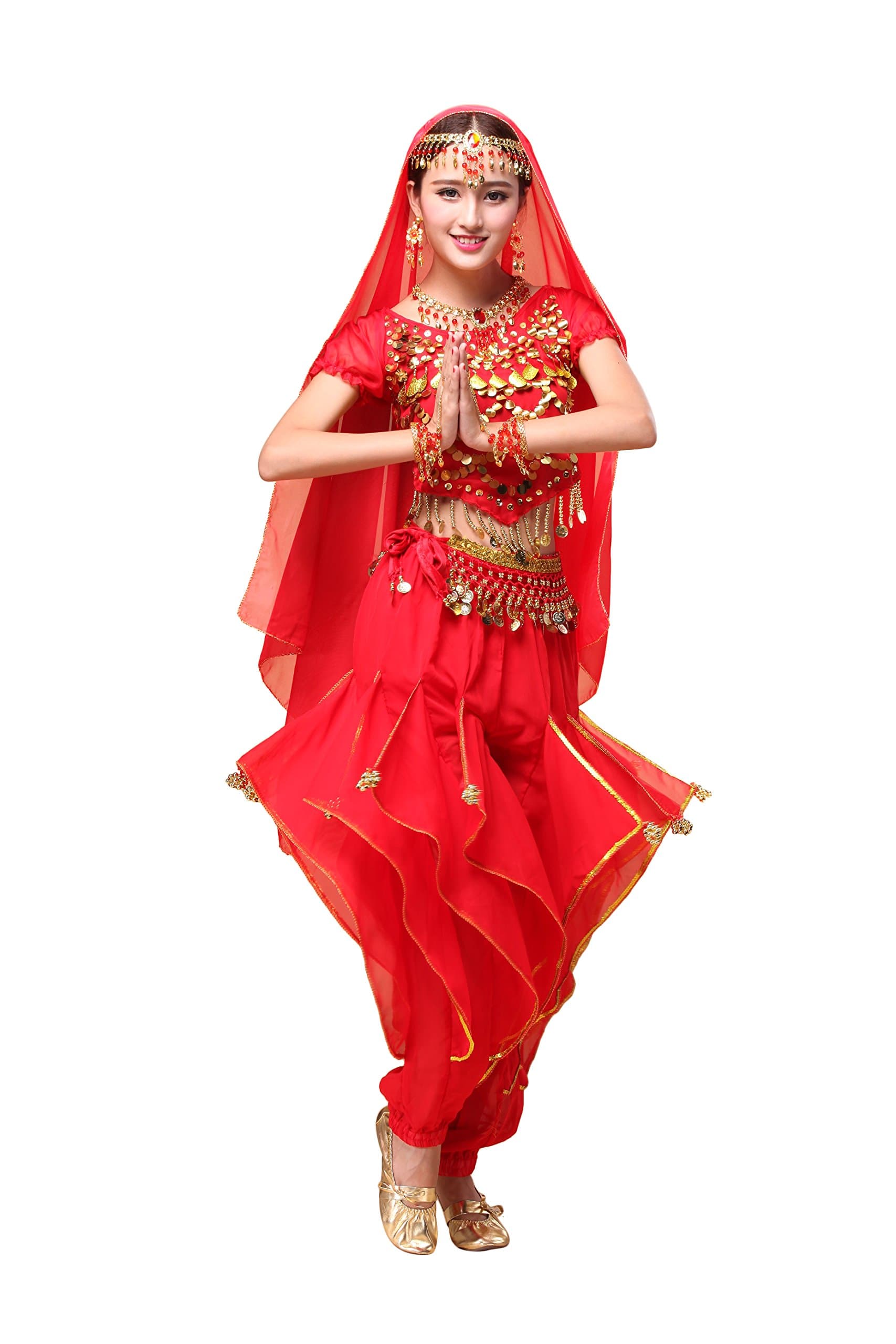 Feimei Woman Exotic Jasmine Belly Dance Costume Set with Halter Top and Harem Pants (Red)