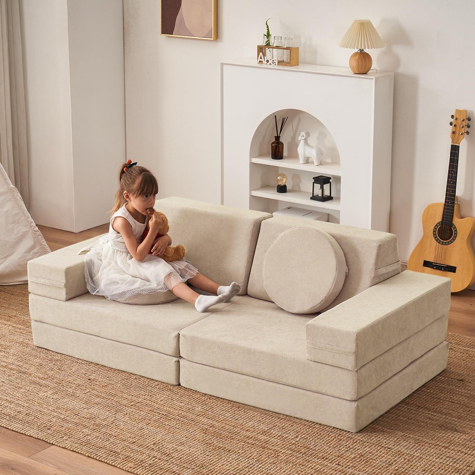 – Kids Foam Couch Set - 10 Pieces, Sand Beige, Miss Fabric, Loveseat, 66 x 33 x 23 Inches